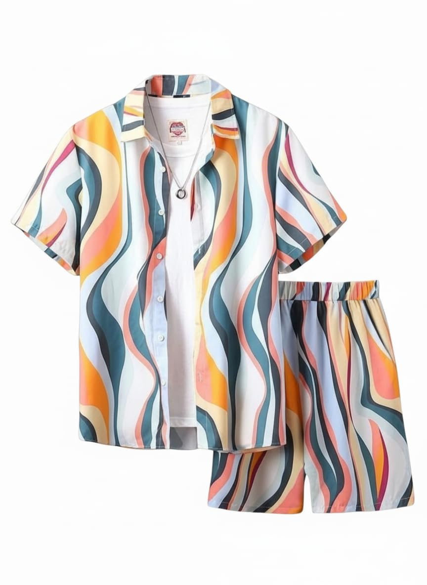 Men's Summer Two-Piece Set, Multicolour Wavy Pattern Short Sleeve Shirt with Matching Shorts