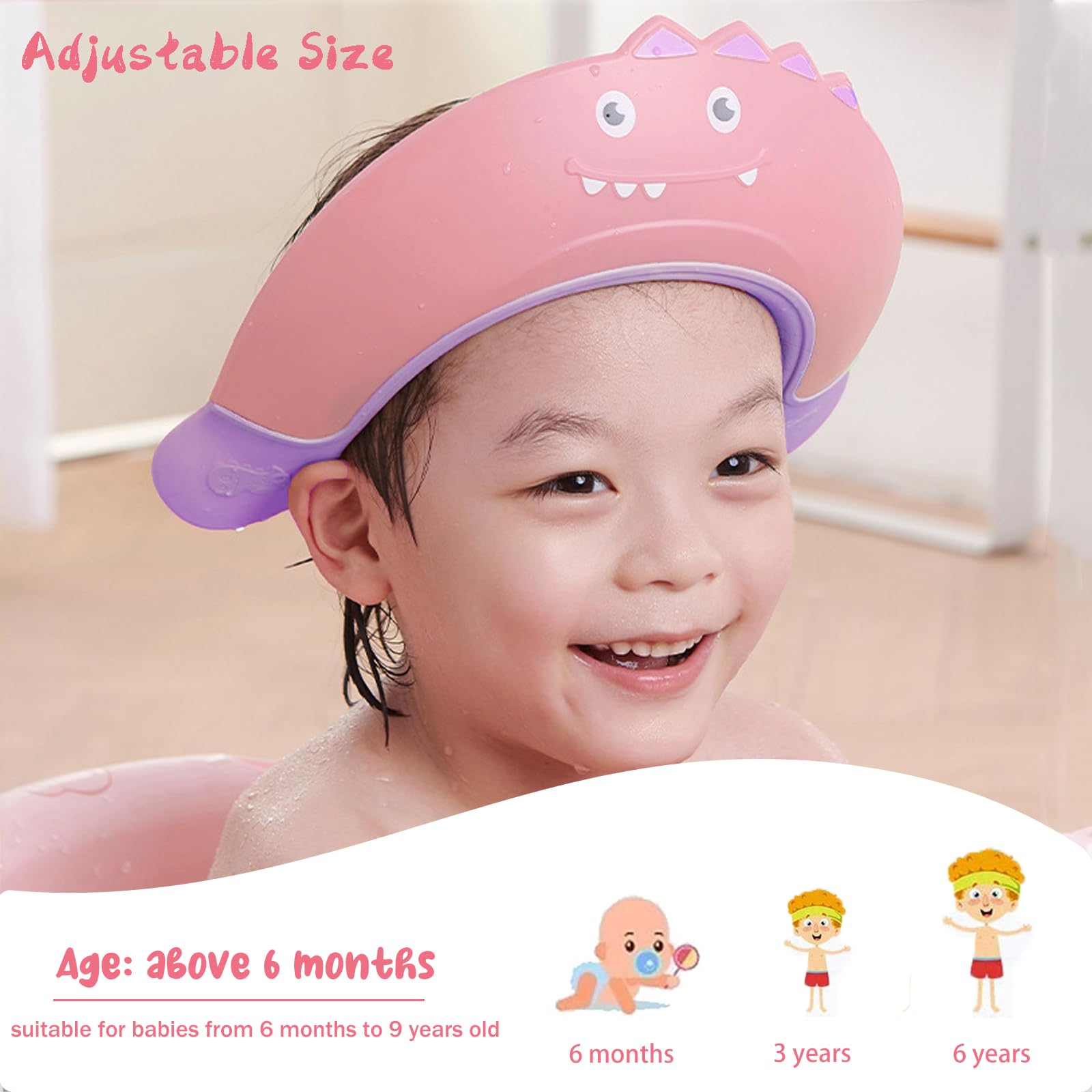 Shower Caps for Kids KAMHBE Baby Shower Cap Shield Adjustable Hair Washing Shampoo Shield Baby Visor for Eyes Ears and Face (Pink-monster) - Image 4