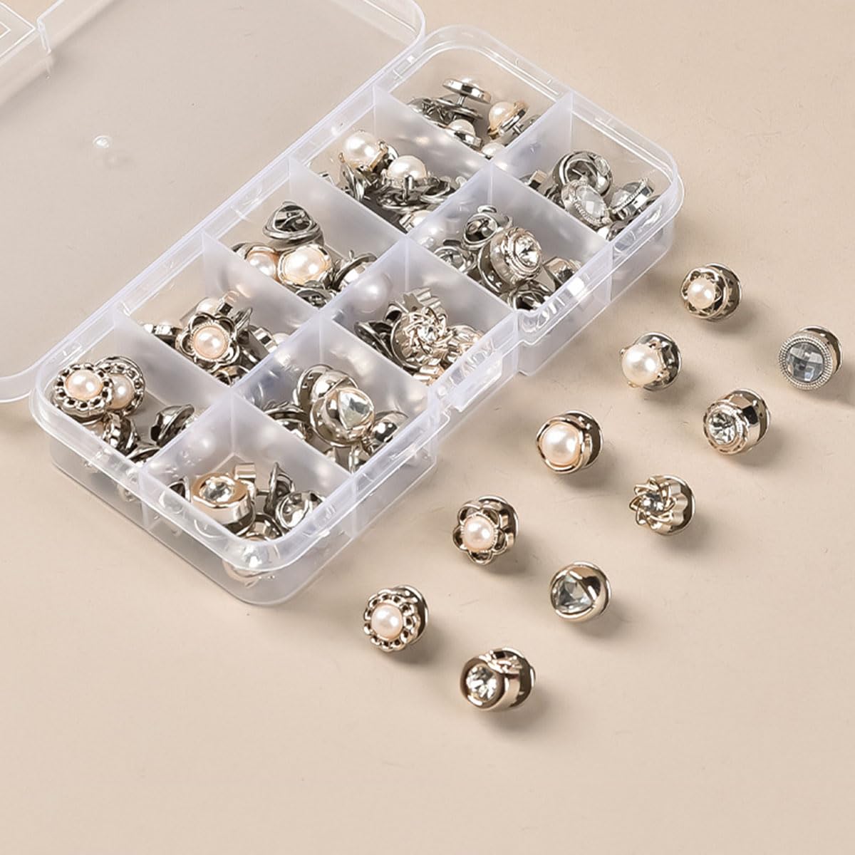 50Pcs Brooch Buttons in Box - Cover up Button Pin Safety Design, 10 Style No-Sew Replacement for Women Shirt, Faux Pearl, Rhinestone Adorn for Clothing Dress Sweater Shoes Hats Decorative