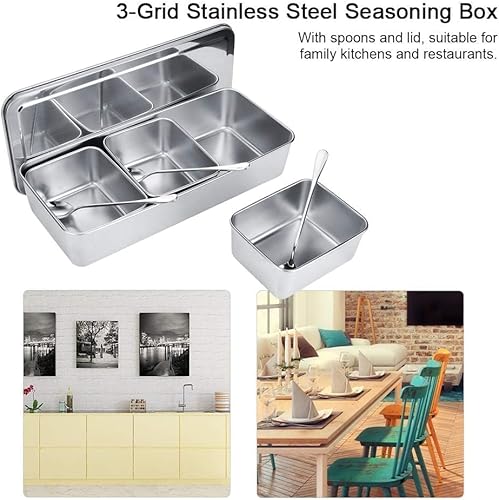 Miniatura 8 de Recipientes de condimentos con cuchara y tapa, 3 rejillas de acero inoxidable, juego de recipientes de sal de azúcar, especias, sal, pimienta,