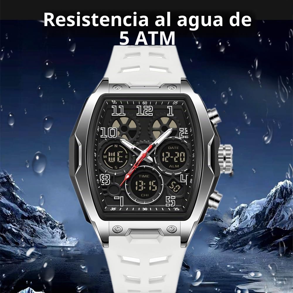 Hombre Relojes para Hombre Rectángulo Unico Reloj Militar Digital Analógico Deportes Reloj de Pulsera con Alarma, Cronómetro,Cuenta Atrás,Cada Hora Chime,Luminoso y Impermeable Multifunción