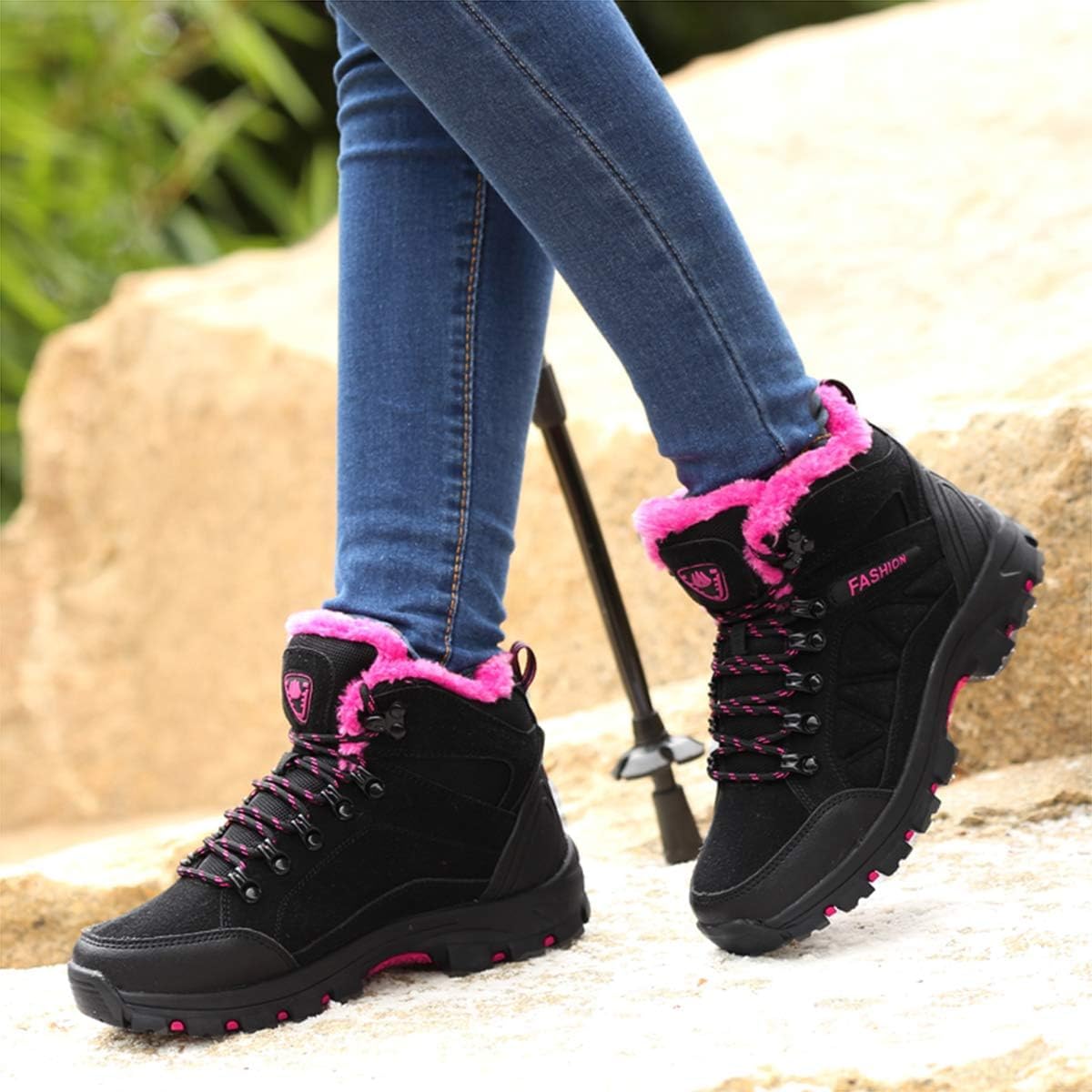 Botas De Montaña Unisex De Caña Alta para Exteriores Cálidas Botas De Montañismo Antideslizantes Zapatos De Senderismo Y Trekking para Hombre Y Mujer 8013, Black Pink, 6.5 UK