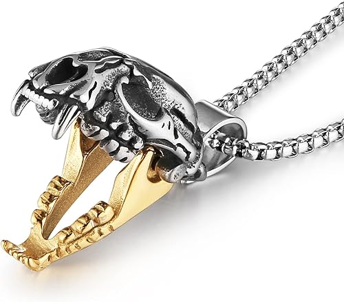 HZMAN Collar con colgante punk para hombre, joyería gótica de acero inoxidable con calavera de tigre de diente de sable