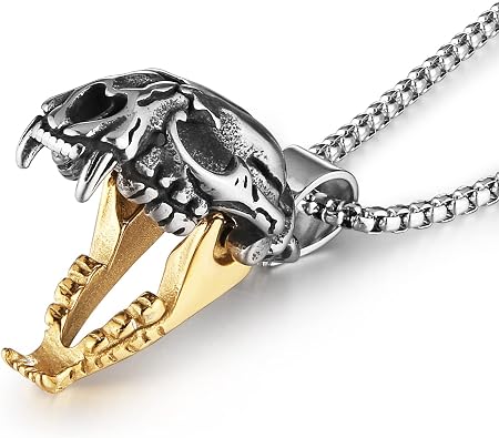 HZMAN Mens Punk Pendant Necklace, Gothic Stainless Steel Openable Sabertooth Tiger Skull Jewelry
