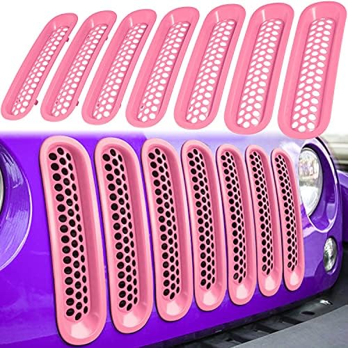 E-cowlboy 7PCS Front Grill Mesh Inserts Clip-in Grille Guard for 2007-2017 Jeep Wrangler JK JKU Sport Freedom Rubicon Sahara Unlimited (Matte Pink)