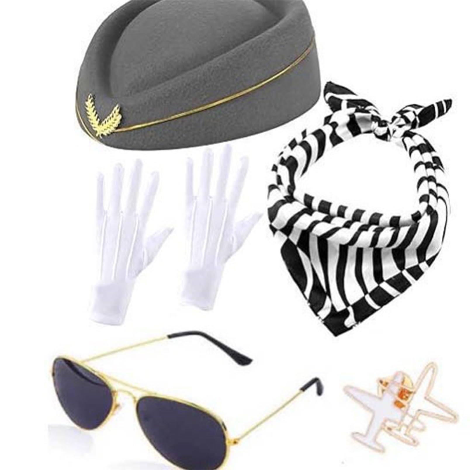 inhzoy Women Flight Attendant Hat Sunglasses Scarf Gloves Brooch Air Hostess Cosplay Costume Accessories Gray One Size