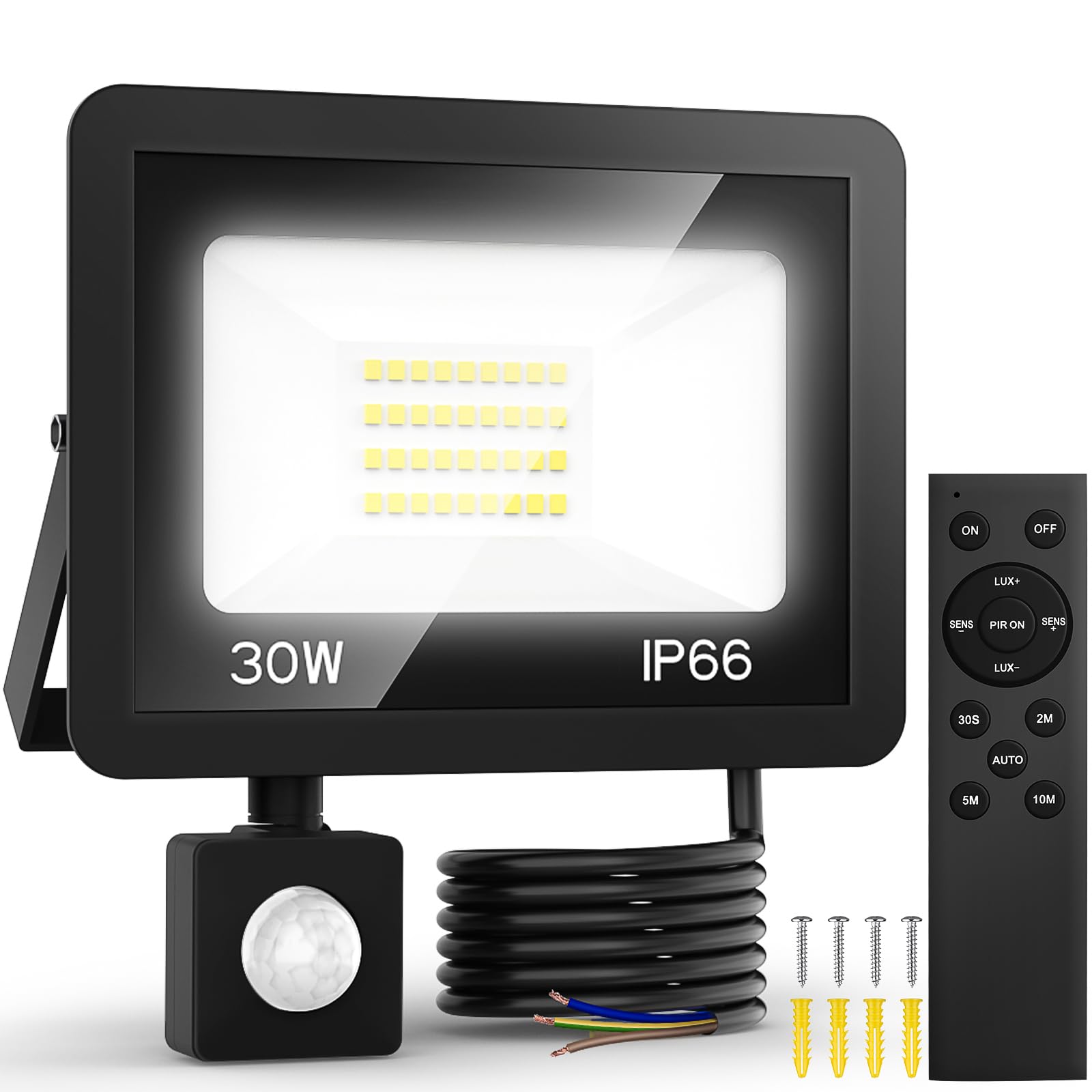 30W LED Strahler mit Bewegungsmelder, 6500K Außenlampe mit Fernbedienung, Kaltweiß Superhell Fluter Scheinwerfer Licht, IP66 Wasserdicht Außenbeleuchtung Lampe Aussen Detector für Innenhöfe, Garden