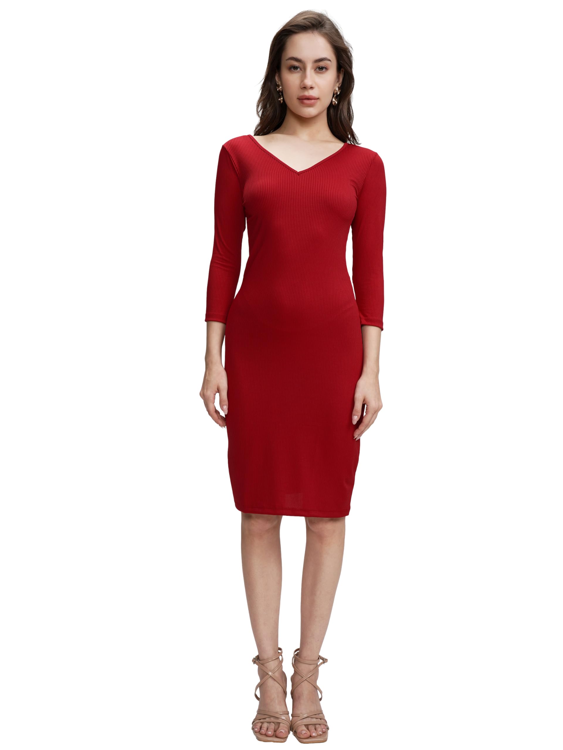 Women's Three-Quarter Sleeves V-Neck Solid Dresses | Stylish Dresses | Casual Dresses-image-17