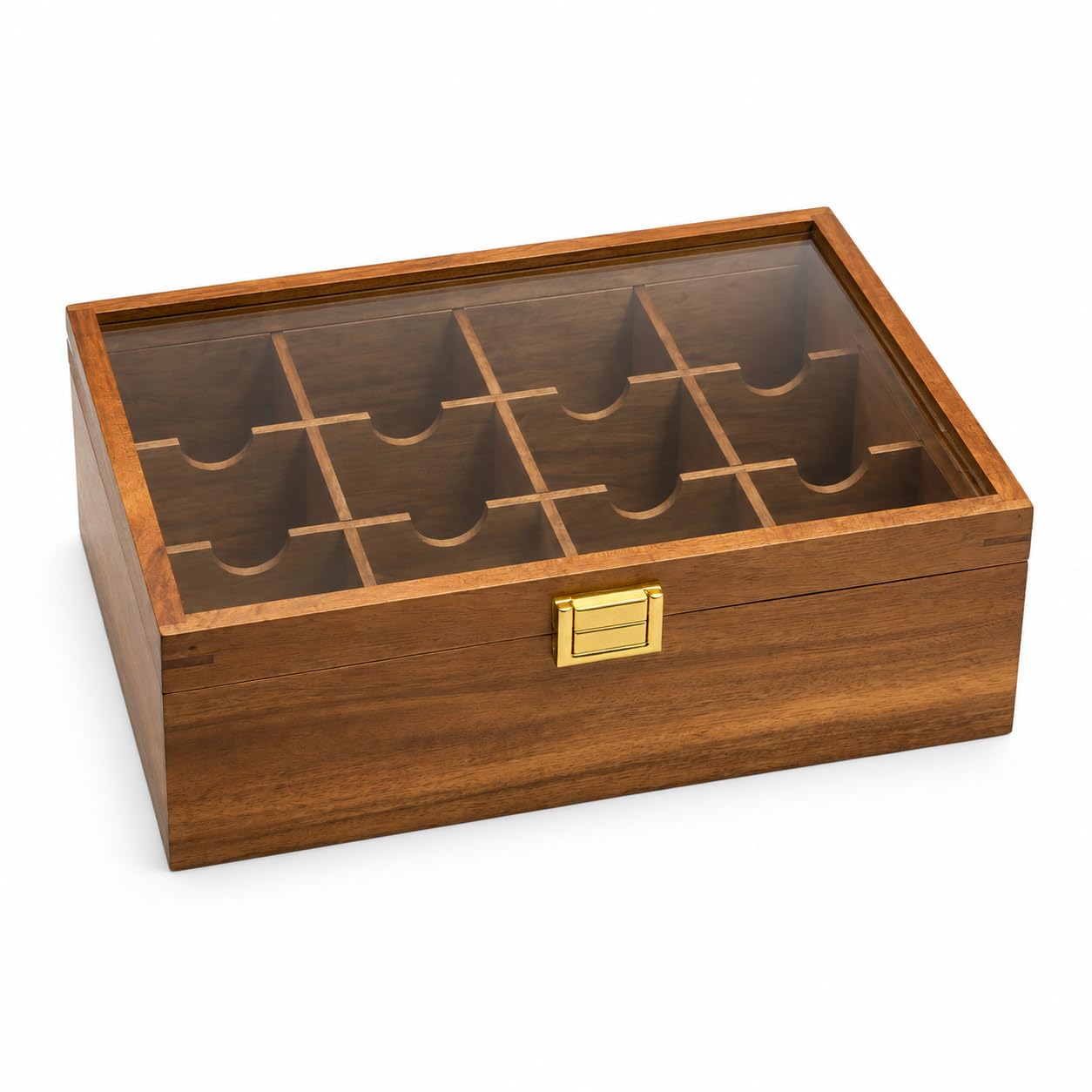 ALVERO Teebox aus Holz mit Glasdeckel, 12 Fächer, Goldener Verschluss, Elegante Holzoptik, Ideal für Küche, Büro und Teestation