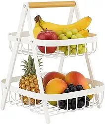 Fruteira de Mesa 2 Andares de Metal com Alça de Bambu – Cesta Organizadora de Frutas Decorativa para Cozinha e Sala