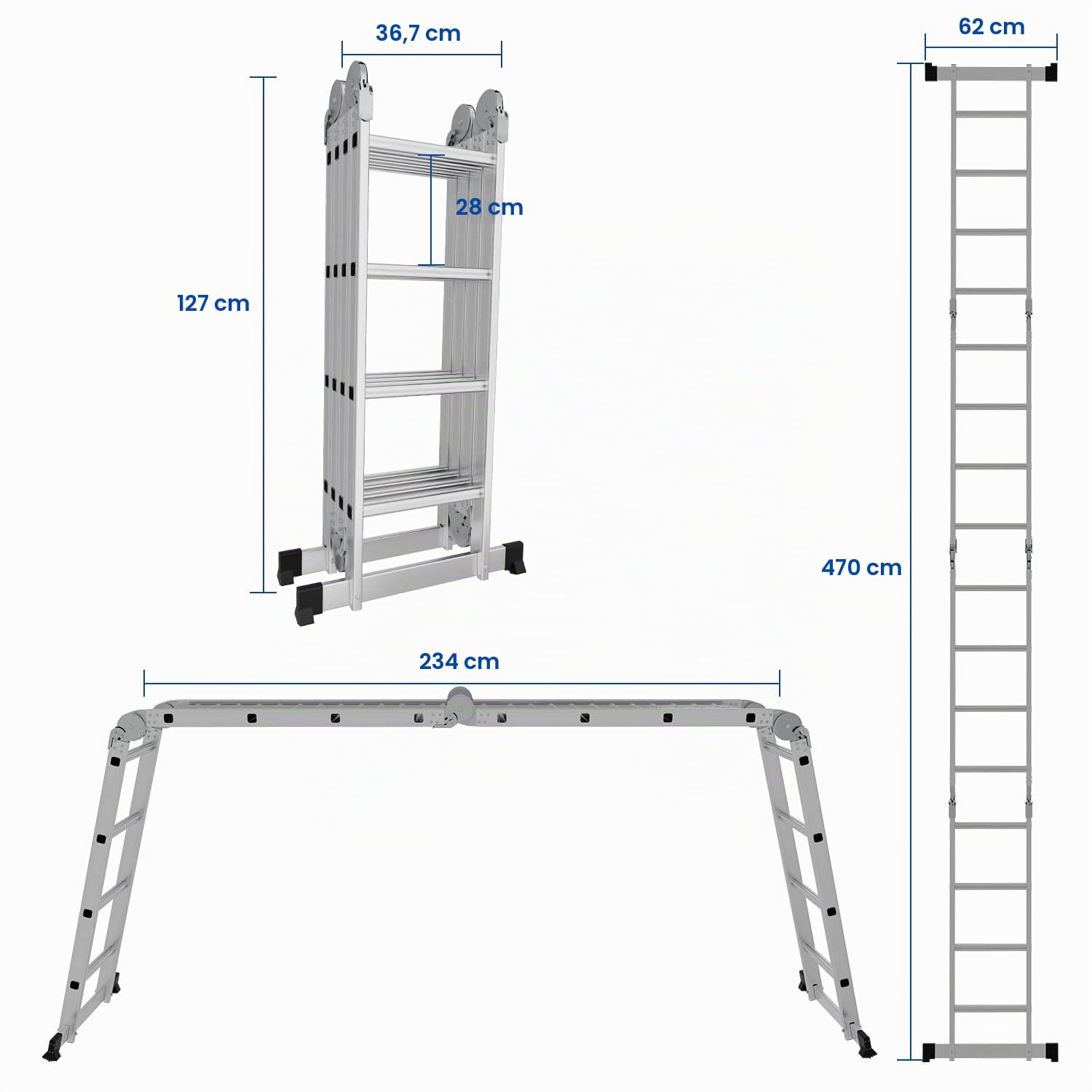 Ikodm Escalera Multiusos de 4 x 4 peldaños, 4,7 m, 7 en 1, de Aluminio, hasta 150 kg, con 2 Ruedas de Transporte y 2 Plataformas, Escalera articulada Plegable