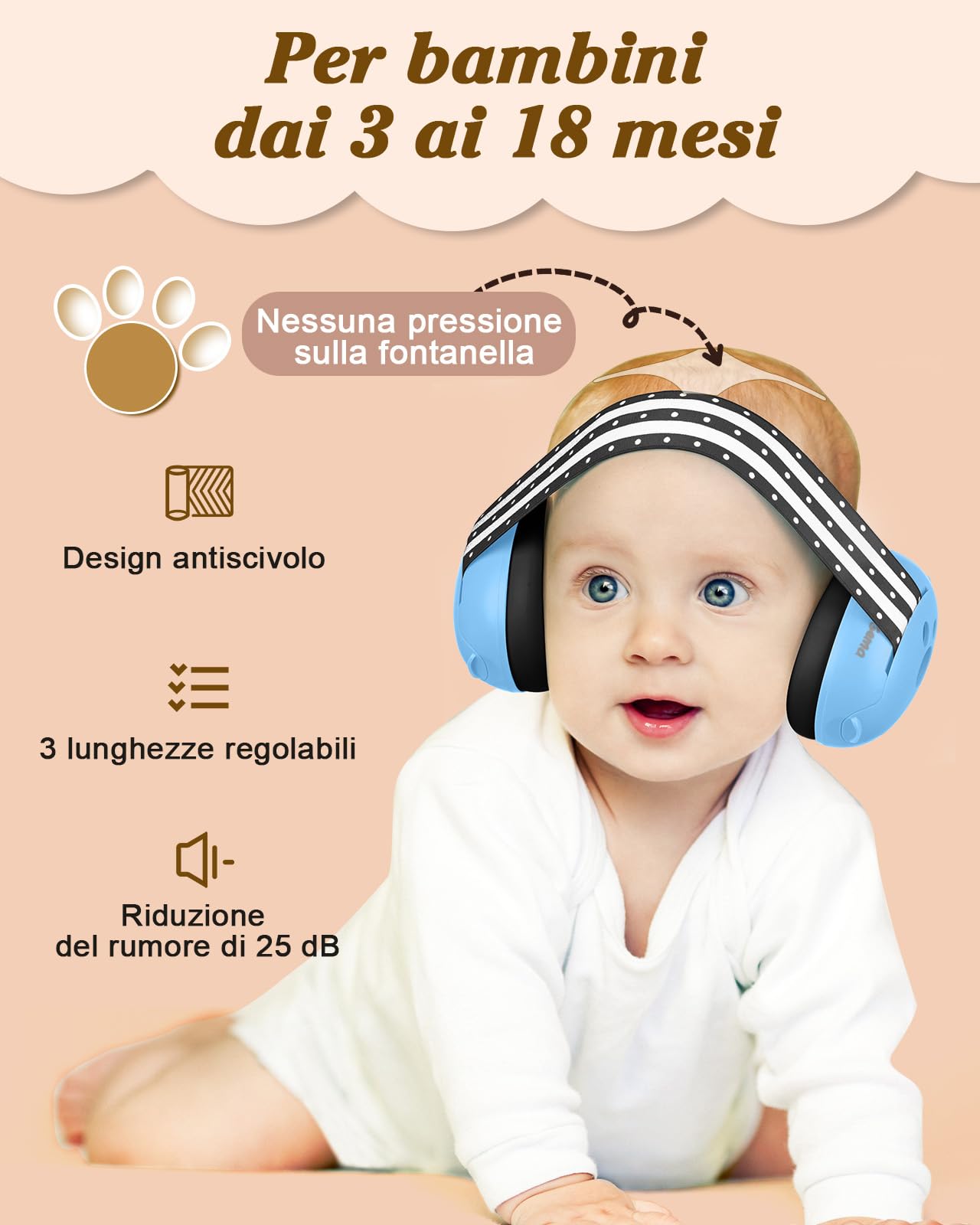 Generico 2 in 1 Cuffie Neonato Antirumore -25dB,Protettori acustici per neonati, archetto regolabile, antiscivolo e antistress, protezione acustica ideale per neonati fino a 48 mesi
