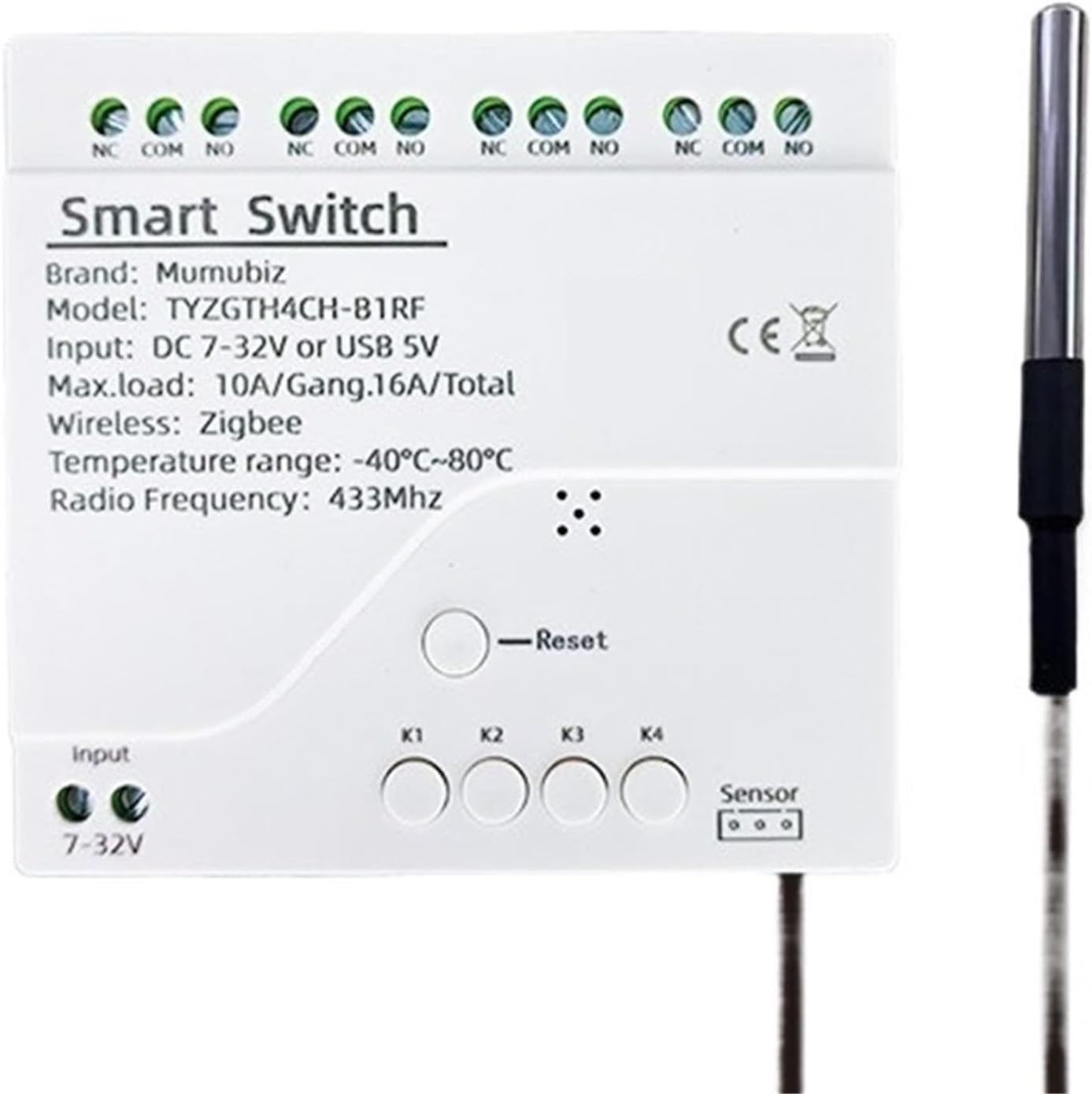 Tuya Smart TH10 4 Channel Switch with Temperature and Humidity Sensor Passive Dry Contact Relay Compatible with Alexa(Input 7-32V,Temp. Humi Switch)