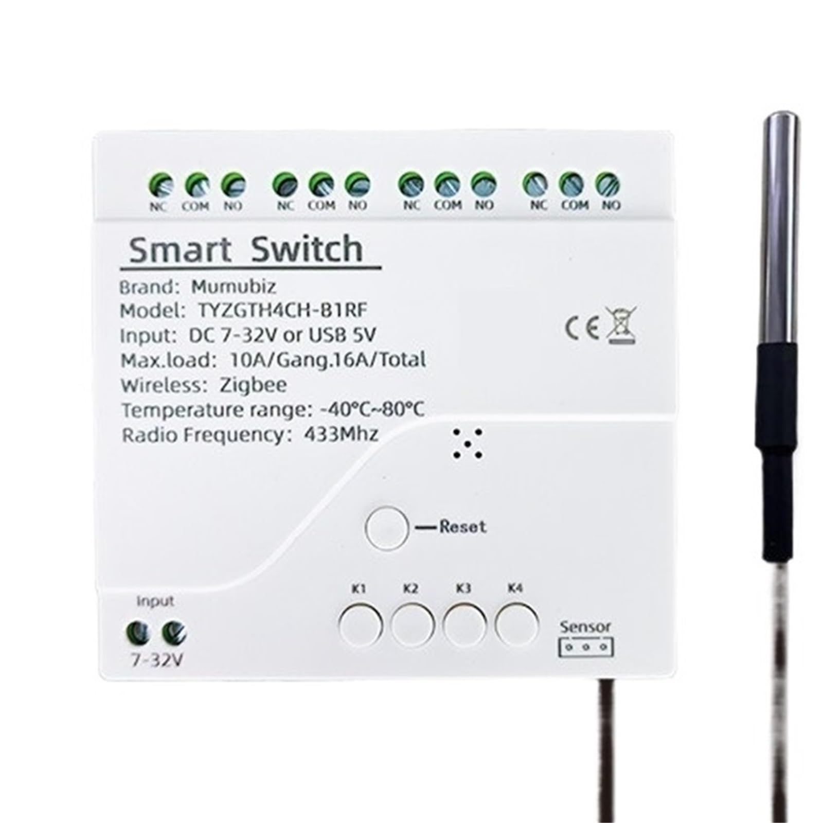 Tuya Smart TH10 4 Channel Switch with Temperature and Humidity Sensor Passive Dry Contact Relay Compatible with Alexa(Input 85-250V,Temperature Switch)