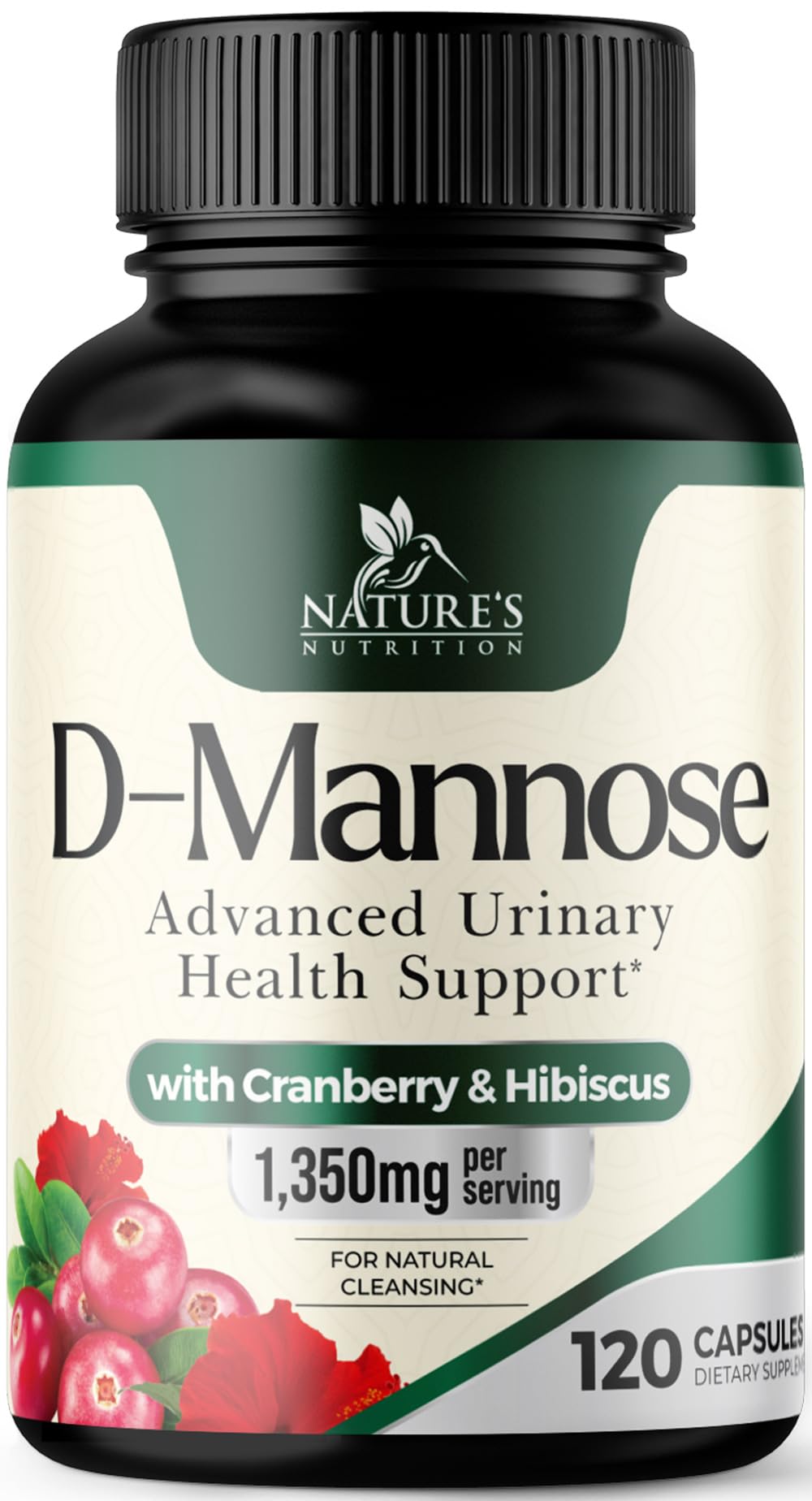 D-Mannose Supplement 1,350 mg with Cranberry & Hibiscus - Effective Fast-Acting, Flush the Impurities for Natural Bladder, Urinary Tract Health Support, for Women and Men, Non-GMO, Vegan, 120 Capsules