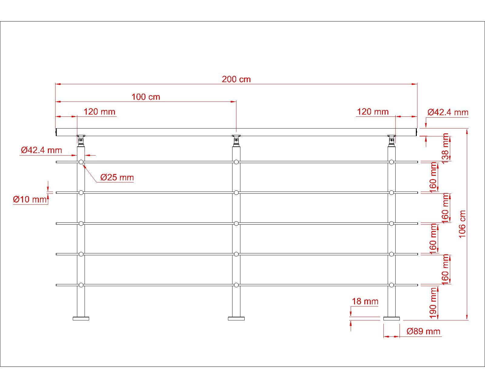 Garde-corps 200cm avec main courante, en acier inoxydable 201, pour intérieur et extérieur, garde-corps avec 5 traverses