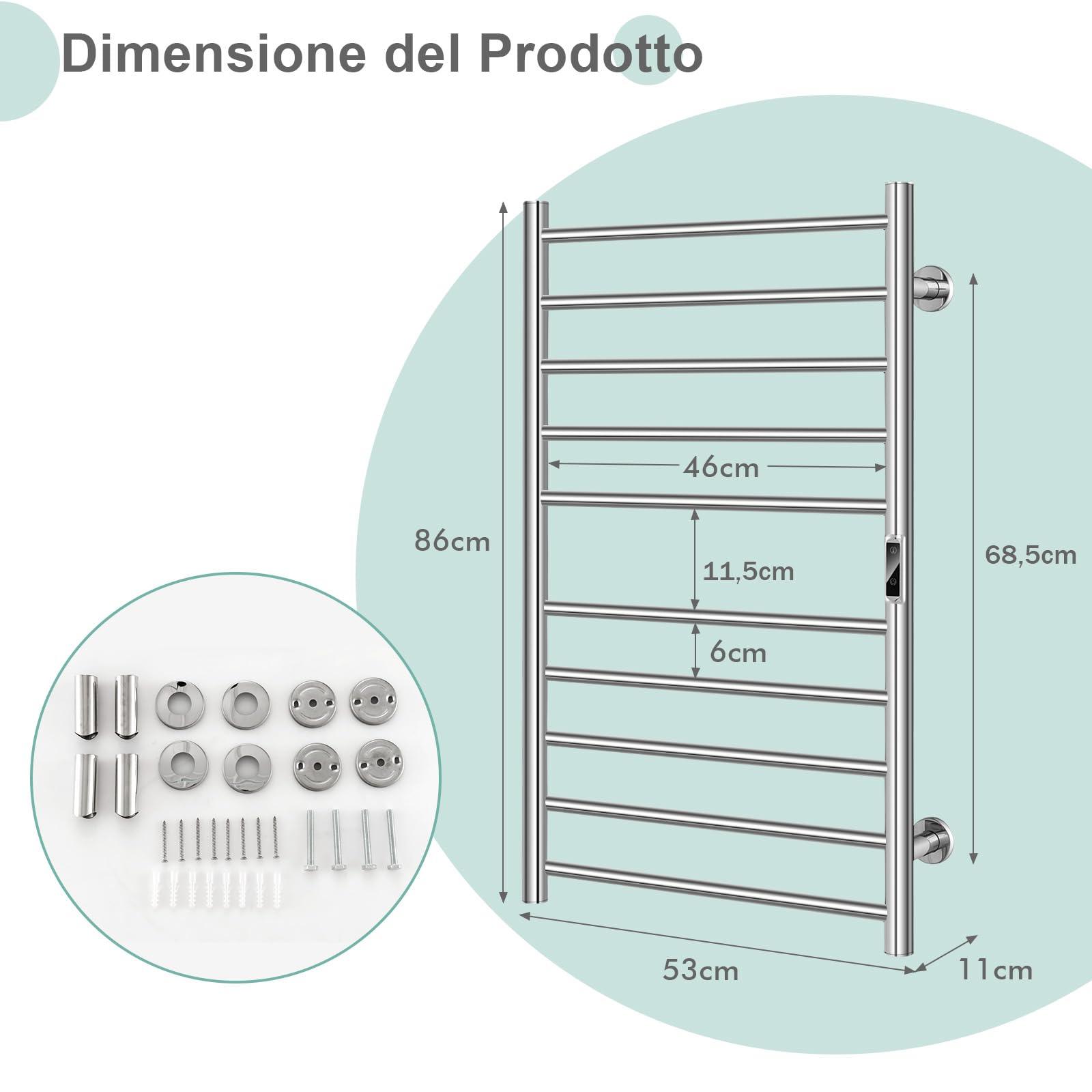 GYMAX Scaldasalviette Elettrico a Parete, Porta Asciugamani in Acciaio Inox, Riscalda 30-60 °C, Timer, Include Accessori a Parete, 53 x 11 x 86 cm