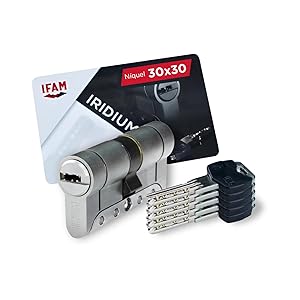 IFAM Cilindro Puertas Iridium, 30x30mm, Leva 15mm, Bombin Cerradura Seguridad, 5 Llaves, Doble Protección Antirotura, Antitaladro y Antiganzúa, Doble Sistema Antibumping, Perfil Europeo, Color Níquel