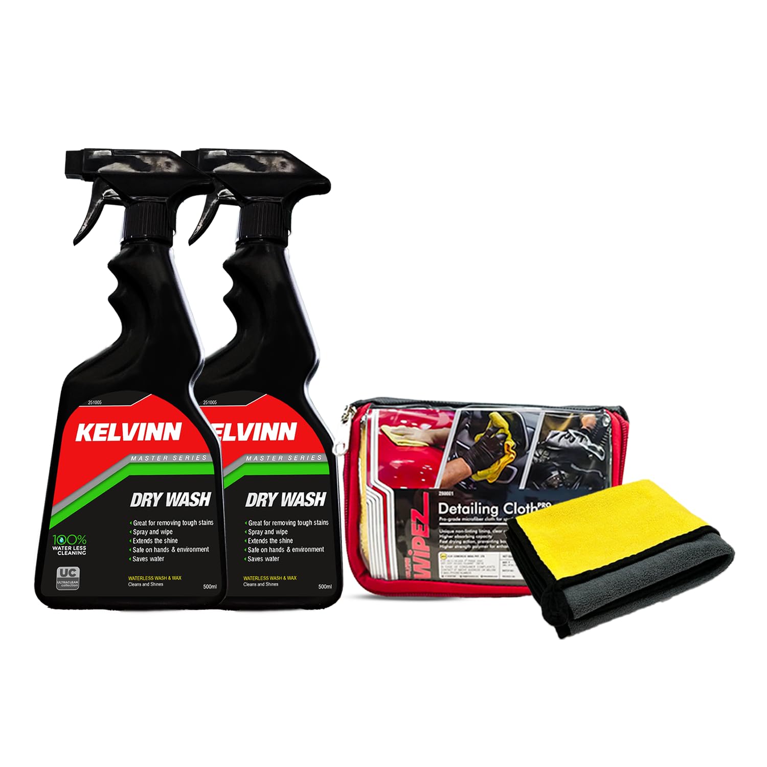 Kelvinn Dry Wash Super Kit: 2x 500ml Dry Wash + Microfiber 600gsm Detailing Cloth for Effortless, Waterless Cleaning and Superior Exterior Care