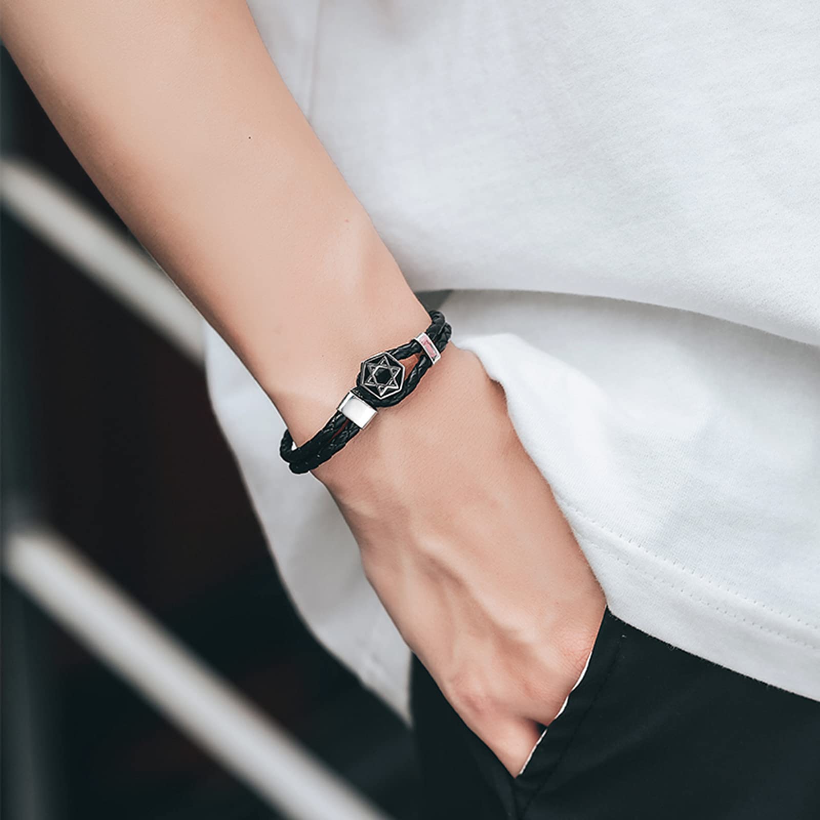 Pulsera trenzada de cuero de la PU de las PU de los hombres de los hombres - Pulsera de estrella de esterlina de 925 de la plata esterlina a mano, pulsera de cierre de estrella de seis puntas, longitu