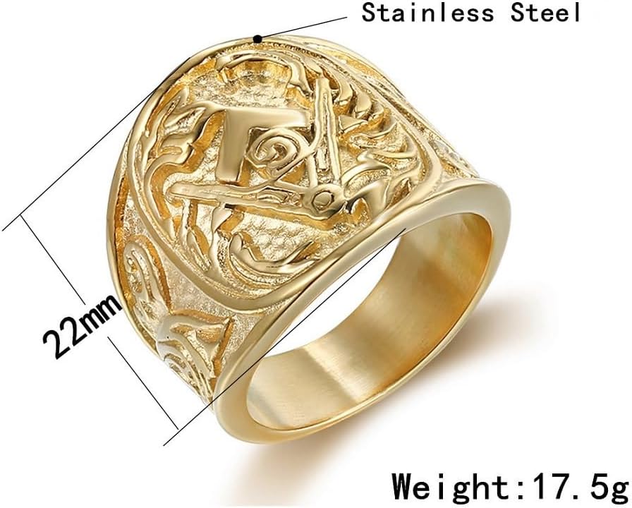 Gold Retro Masonic Ring for Men Classic Freemason Symbol Band Ring, Masonic Floral Ring Stylish Mason Ring Men’s Vintage Masonic Compass Jewelry Rock Master Masonic Signet Ring - Image 6