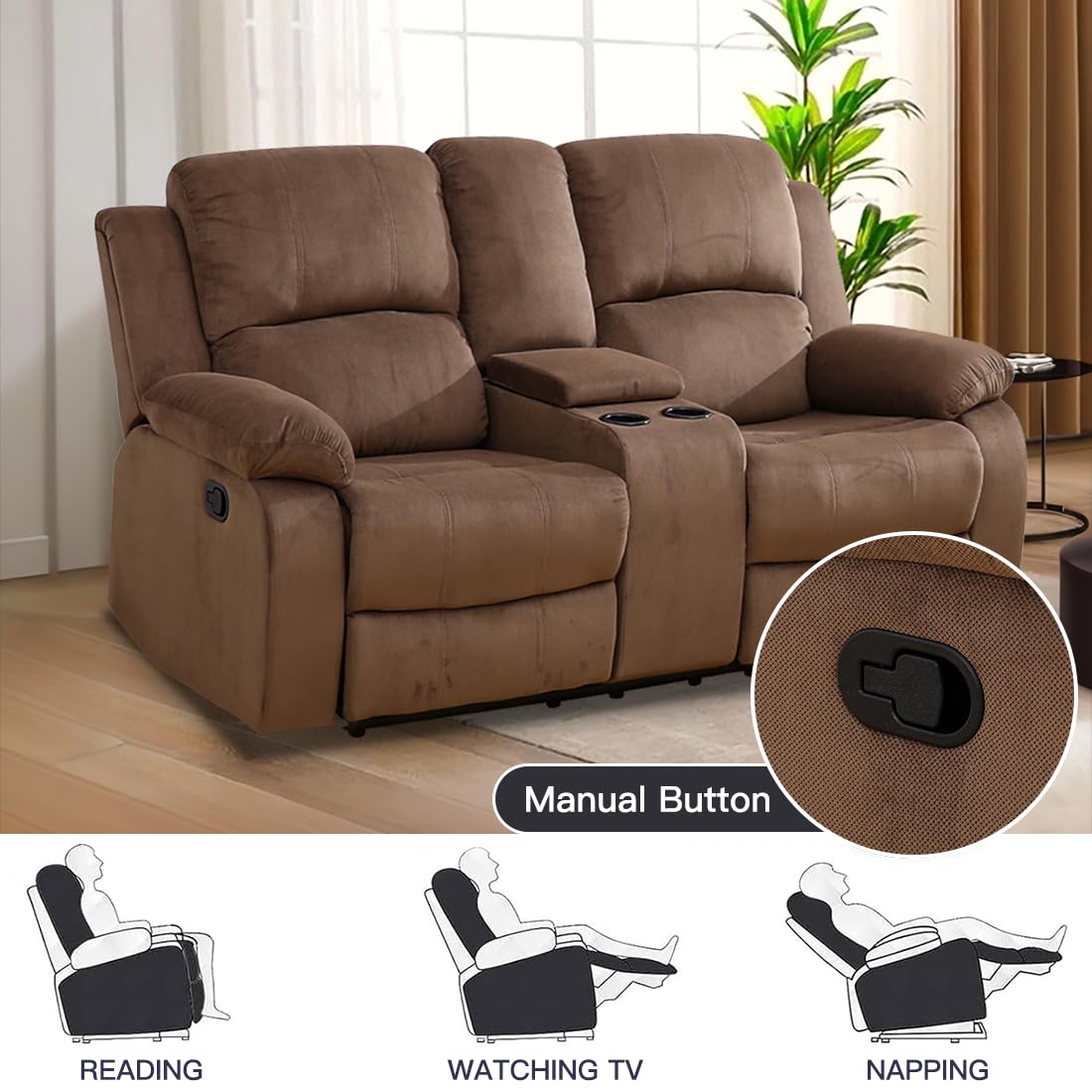 Toseslo Manual Recliner Loveseat Set, Living Room Furniture Sets, 2 Seater Modern Reclining Couches, Brown Corduroy Reclining Couch Sets with Storage Console/Cup Holder for Living Room/Apartment view 5