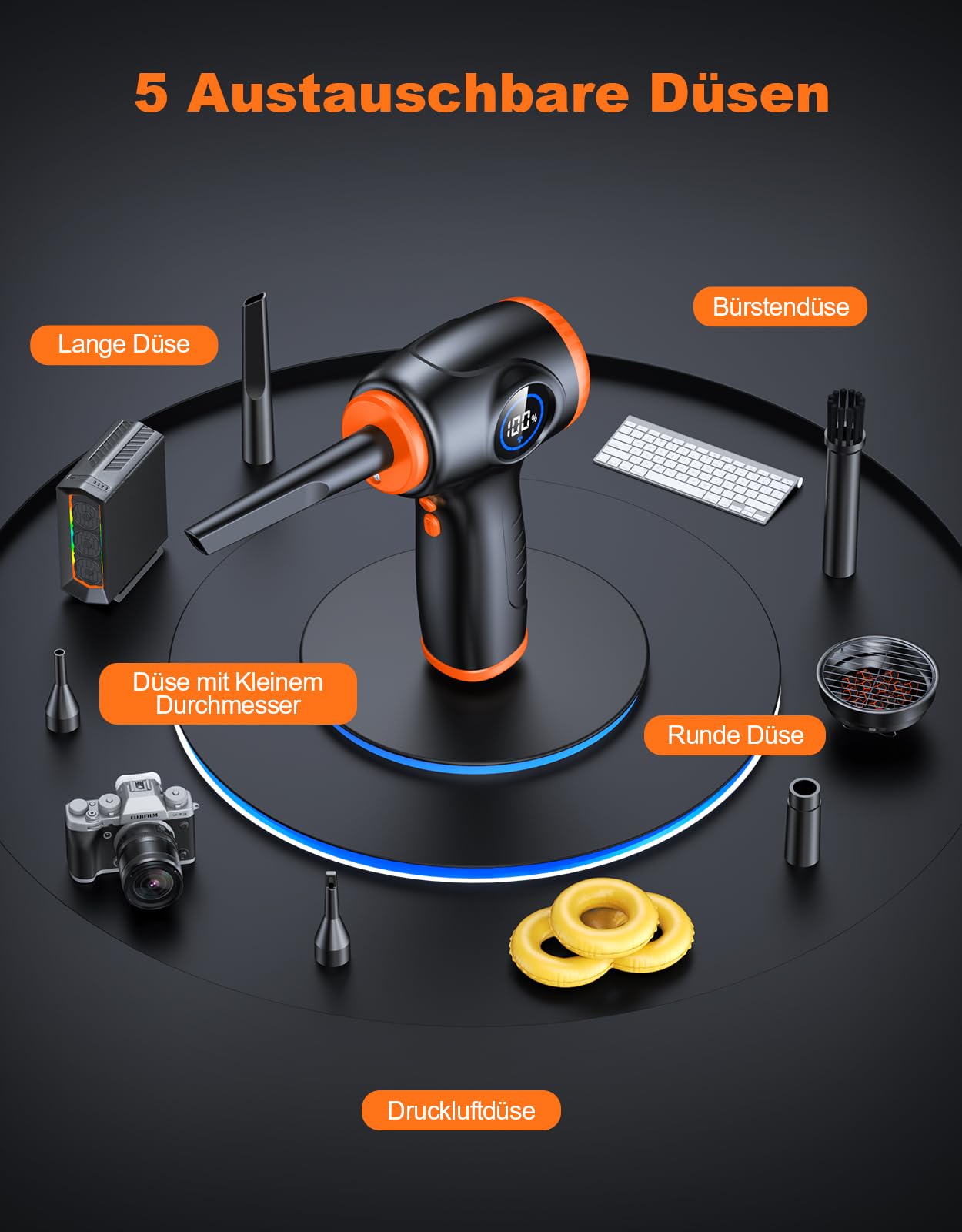 EOIWUY Elektrische Staubgebläse Druckluftspray, 3-Gang 90000 U/min PC Reinigungsset mit LED-Licht, Leistungsanzeige und 5 Austauschbare Düsen, 6000mAh Akku Air Duster für Reinigung Tastatur/Auto/Sofa