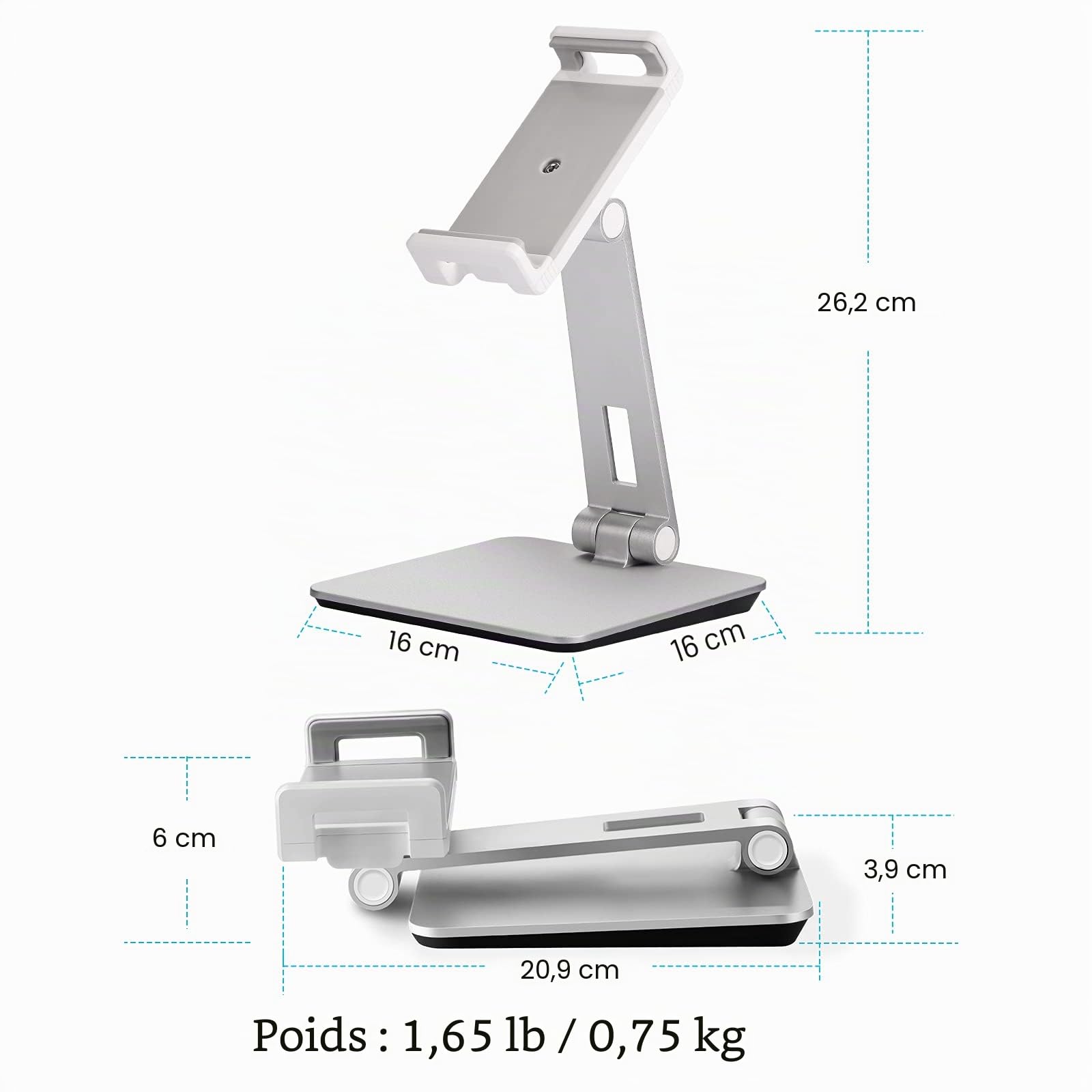 Support Tablette Réglable et Pliable, Porte Tablette Bureau Aluminium Lourd Pivotant à 360°, Compatible avec iPad Pro/Air/Mini, Samsung Tab, Surface Pro, Kindle Fire (7-13") (Argenté)