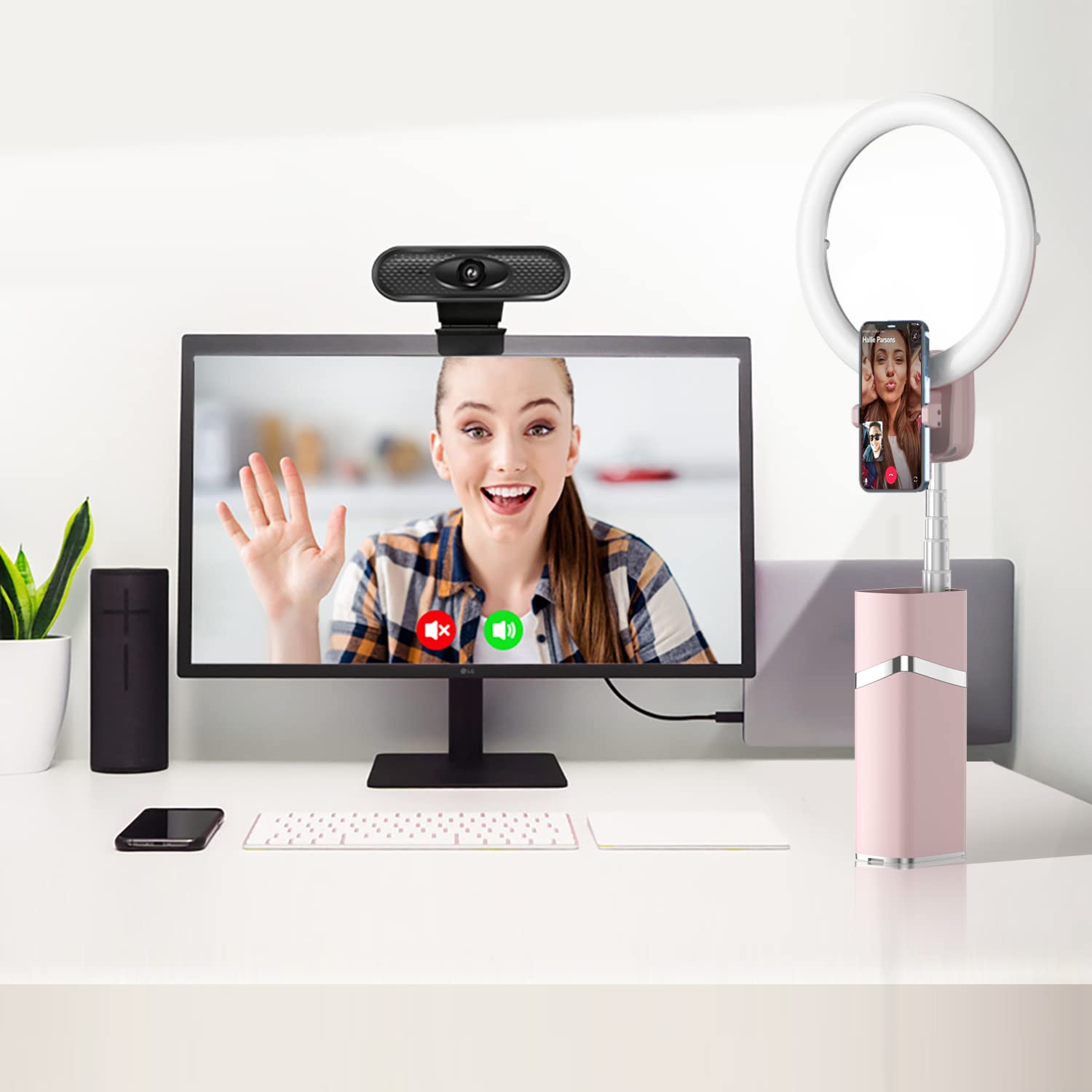 yAyusi Portatile Ring Light Professionale, 4000mAh Batteria Alimentato 10" Ring Light Telefono Wireless, Treppiede Smartphone Pieghevole con 3 Colore Luce ad Anello LED per Trucco, Fotografia (Rosa)