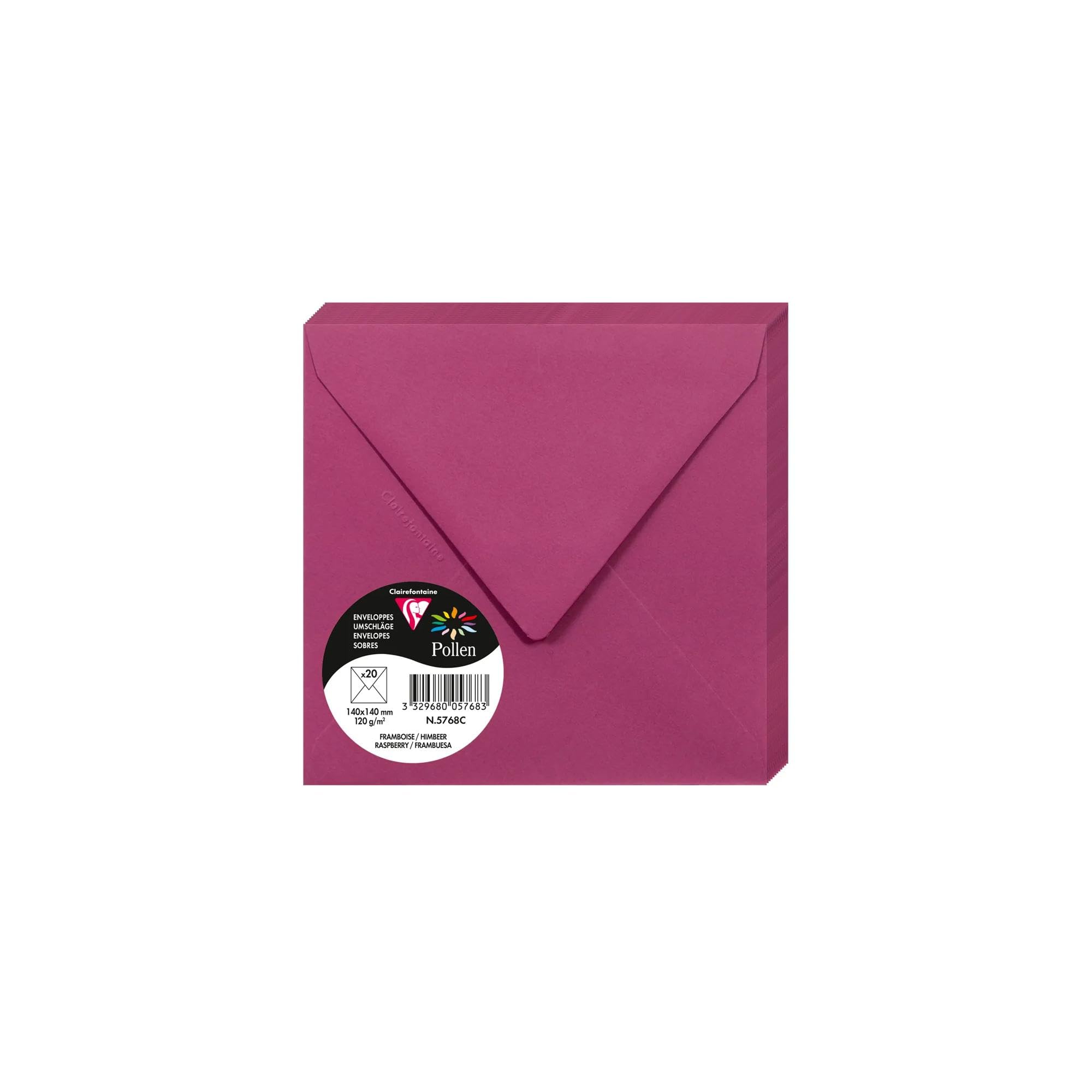 Clairefontaine 5768C Pack of 20 Gummed Envelopes Square 14x14cm 120g/m² Raspberry Colour Invitation Events Correspondence Pollen Range Premium Smooth Paper