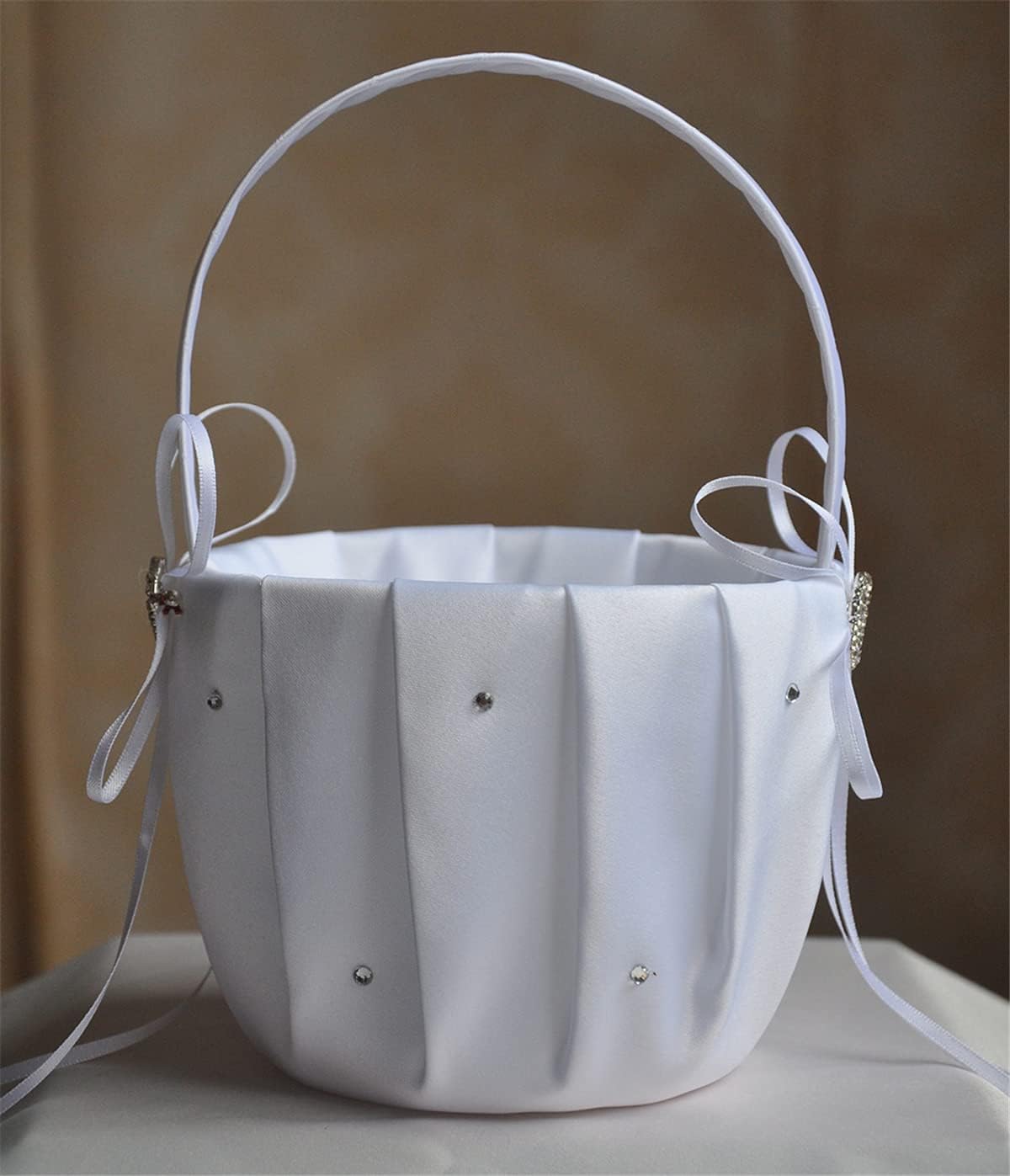 Bridal Thin Bow and Rhinestone Basket Flower Girl Heart-Shape Decor Basket Ring Bearer Basket for Wedding Party Decoration
