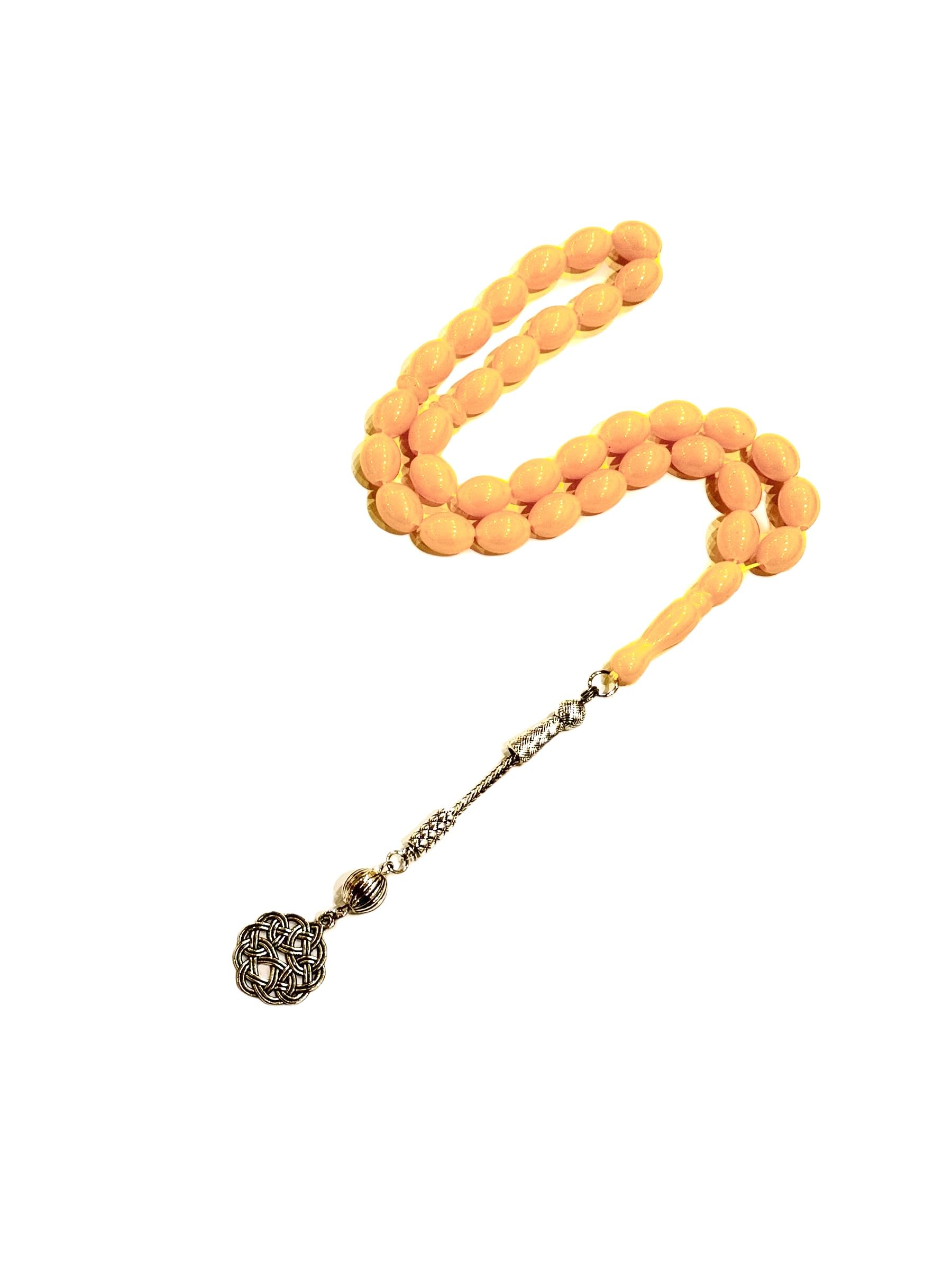 NOTCHIYellow Bakelite Oval Rosary 33 Beads Size 10 mm, Decorated With Rhodium Plated Karkosha