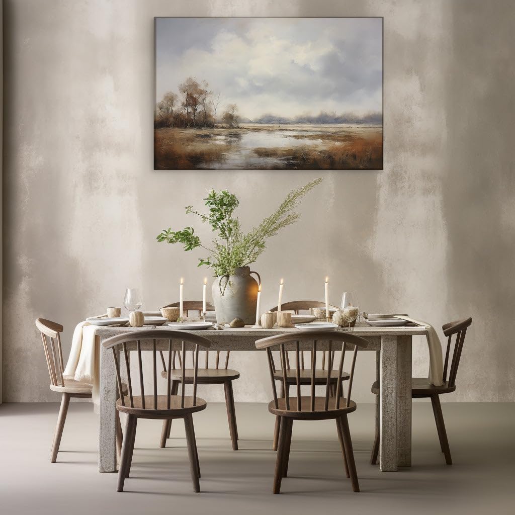 Canvas for Living room. Autumn Haze and Water Reflections � Capturing the Serenity of a Muted Prairie Landscape, 27 x 18 inch Canvas Wall Art - Contemporary Masterpieces - Modern Home Decor