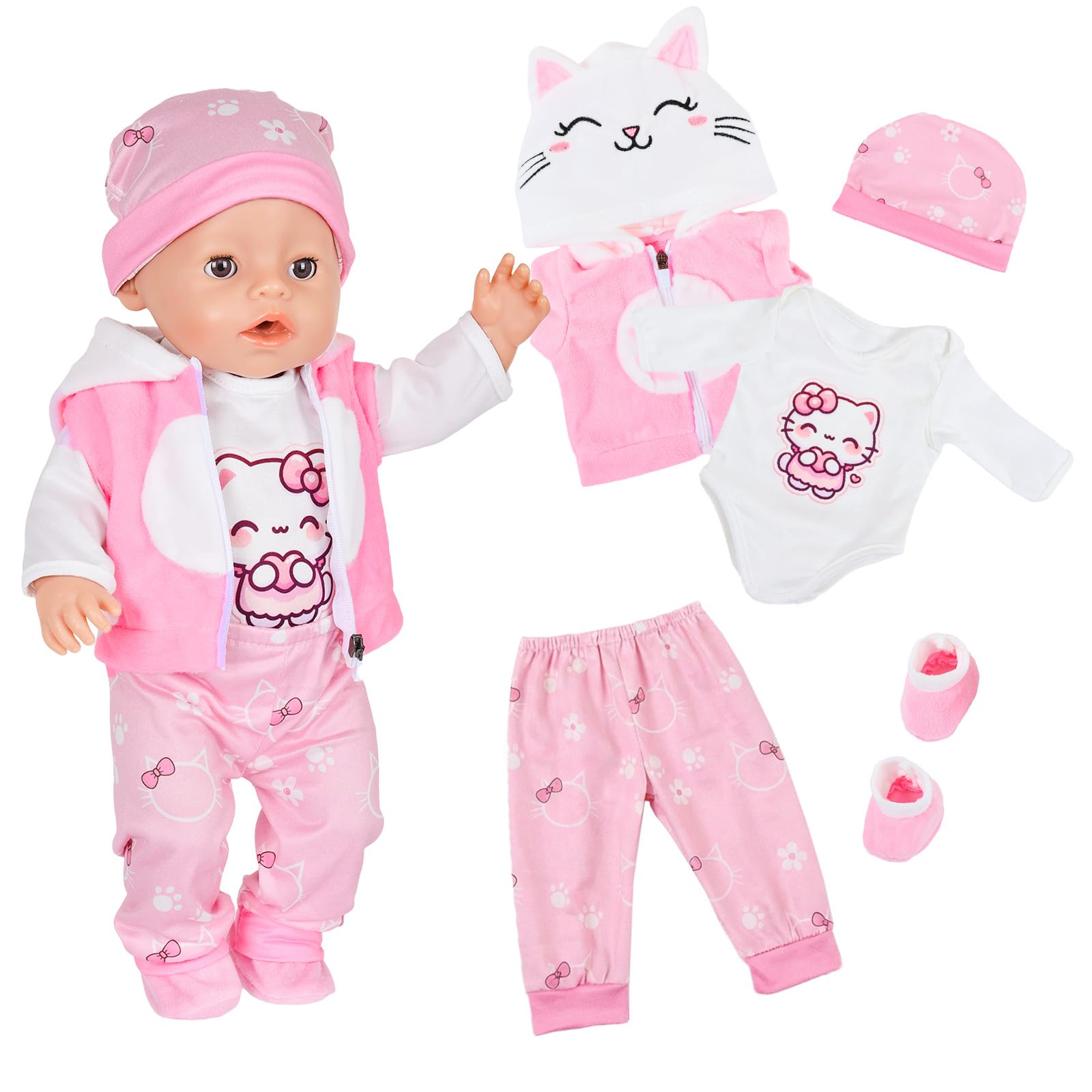 5 Pcs Baby Doll Clothes for 14-17 Inch Doll, Pink Cat Doll Clothes with Hooded vest + long-sleeve bodysuit + pants + hat + socks, Sweet Doll Clothes for 35-43cm Dolls, Gift for girl (No Doll)