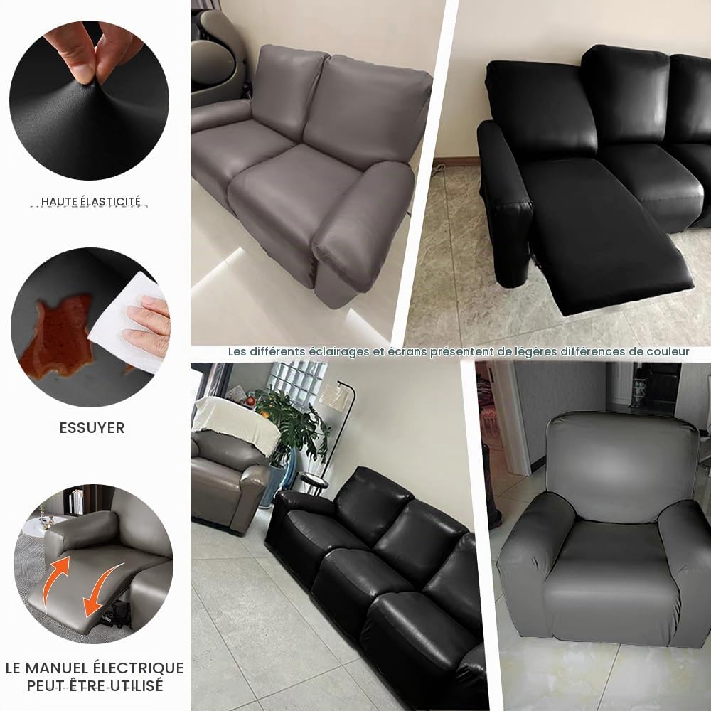 FANSU Housse de Fauteuil Relax Extensible 2 Places, Cuir PU Housse de Fauteuil Relax Inclinable Electrique avec Poche, 6 Pièce Protege de Meubles pour Canapé (2 Places,Noir)