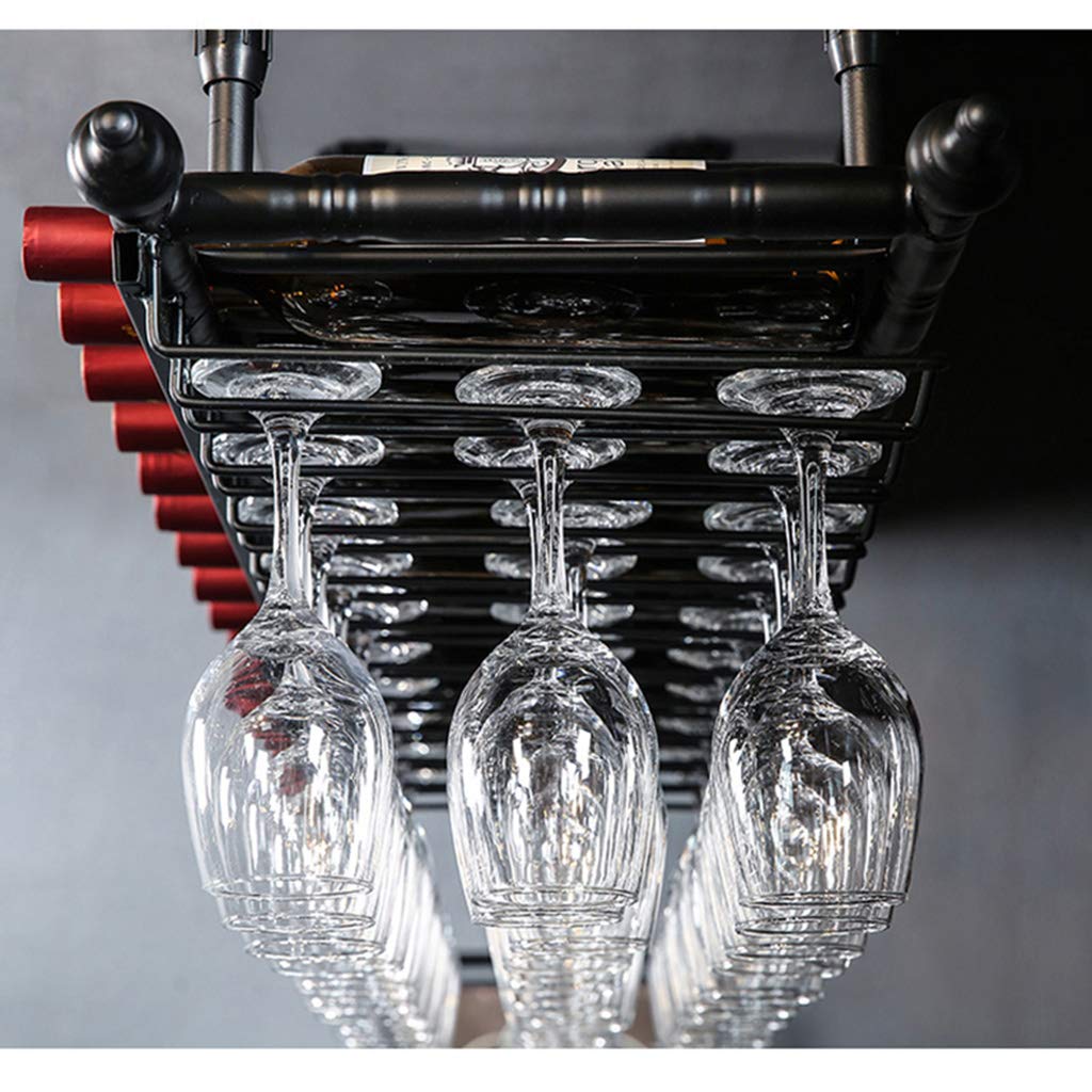 Estante de vino de pared negro con soporte de copa colgante de metal, estante para copas y soporte para botellas de vino, estante de almacenamiento de pared para bañarse bajo la luz del sol.