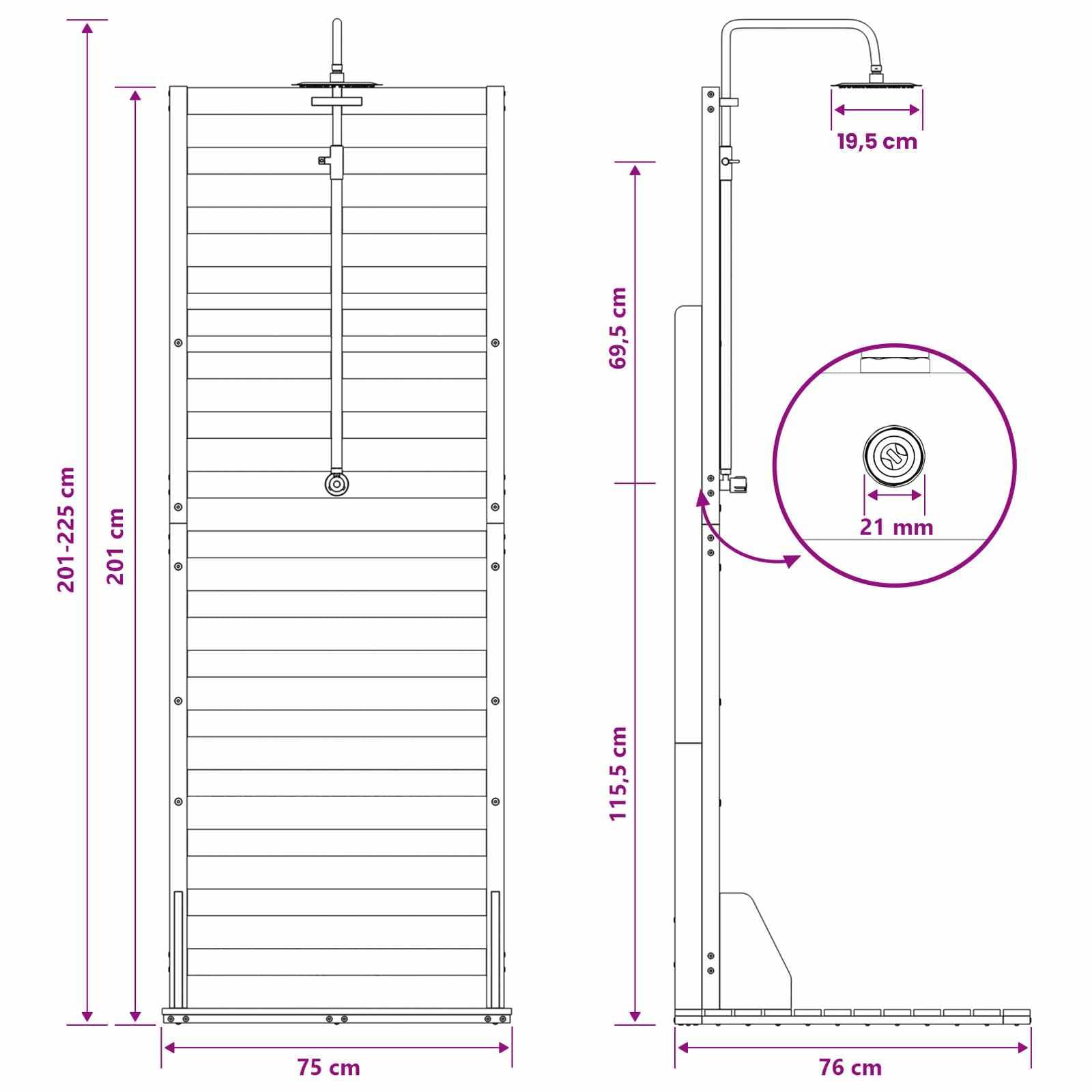vidaXL Ducha Exterior 225 cm Madera Maciza de Pino y Acero Inoxidable
