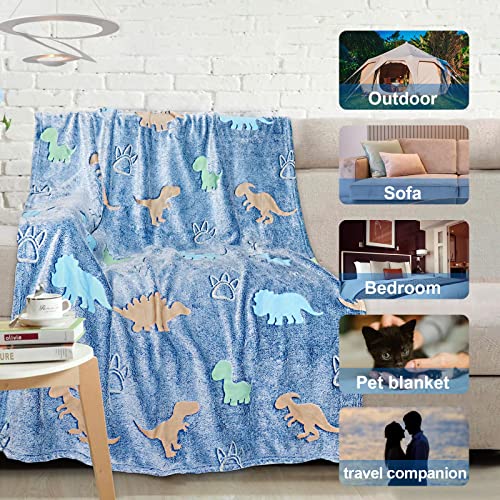 TEHALK Dinosaur Glow in the Dark Kids Throw Blanket, 60"x80", Blue