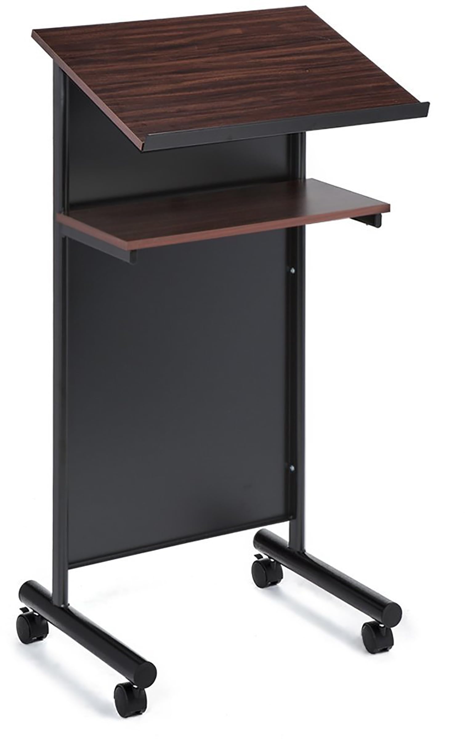 Audio-Visual Direct Wheeled Lectern Podium - Standing Desk with Storage Shelf - Cherry/Black - Ideal for Presentations and Laptop Use