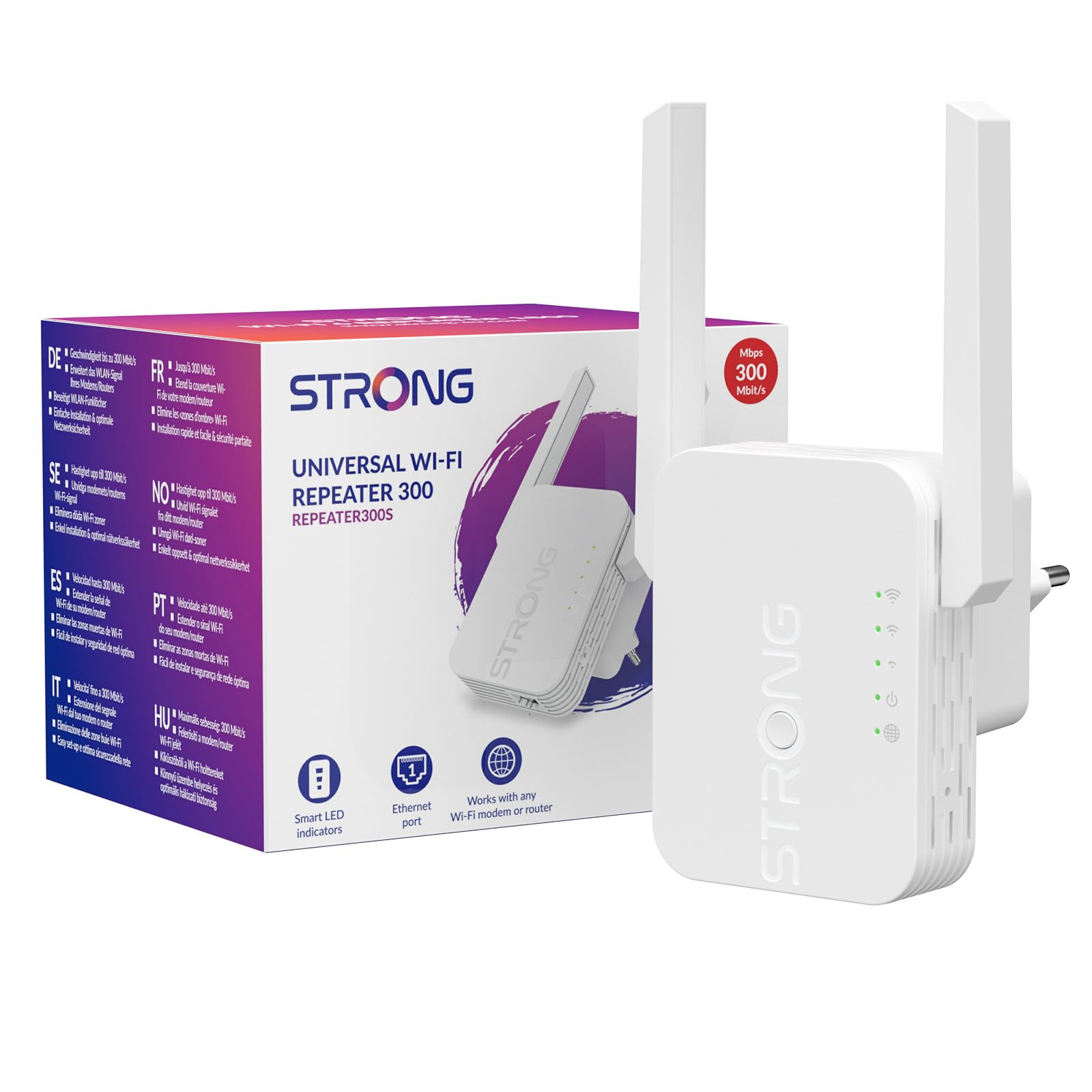 Strong Repetidor WiFi, Amplificador WiFi 300Mbps, Puerto Ethernet 100Mbps, Punto de Acceso y Extensor, Indicador de Señal LED, Compatible con Todos los Routers WiFi, Configuración Fácil Mediante WPS