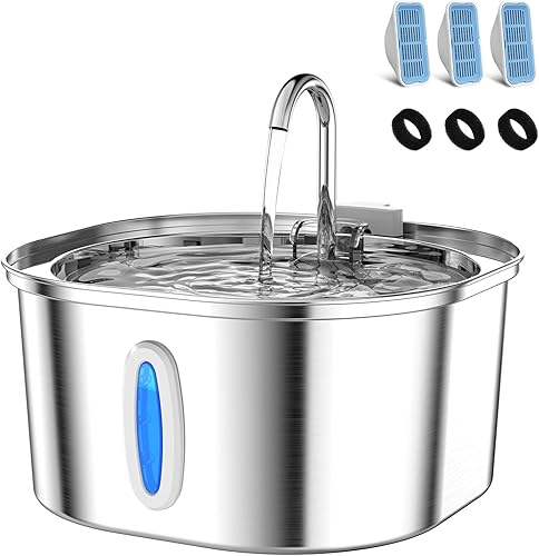 PEKTACO Fuente de agua para gatos de acero inoxidable, dispensador de agua para gatos de 3.2 L108 onzas con bomba de agua silenciosa y ventana de