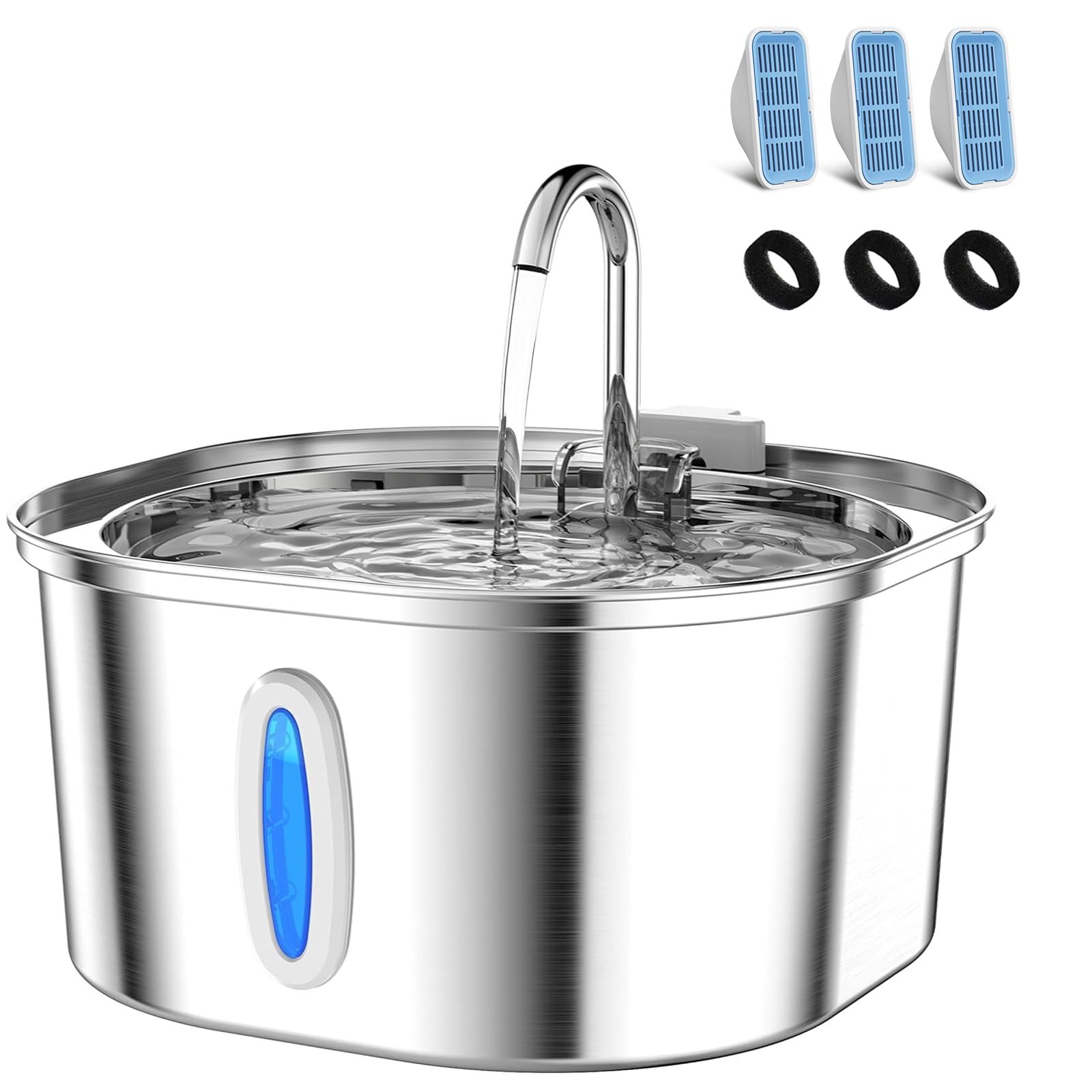 PEKTACO Stainless Steel Cat Water Fountain, 3.2L/108oz Cat Water Dispenser with Quiet Water Pump and Water-Level Window, Dishwasher Safe Pet Drinking Fountain for Cats with 3 Filters + 3 Sponges