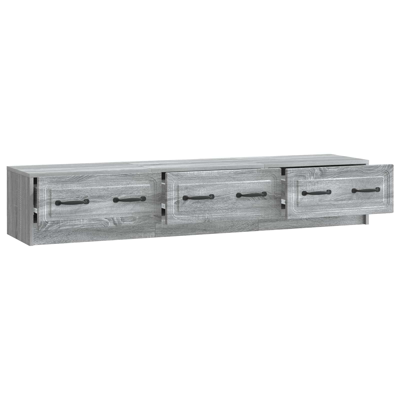 Szafka TV Sonoma szara z materiału drewnopochodnego, 147 x 34,5 x 27 cm, niska szafka z 3 szufladami, miejsce do przechowywania telewizora, odbiornika, konsoli do gier i aranżacji salonu