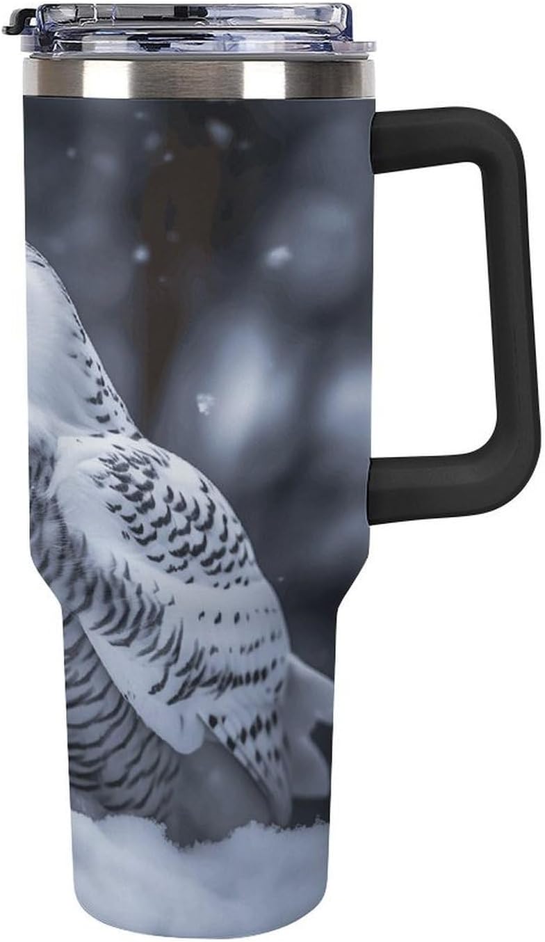 Arctic Owl Tumbler Stainless Steel Large Car Cup with Handle&Straw Lid Portable Coffee Cup Leak-proof Water Bottle Insulated Vacuum Travel Mug for Home Outdoor 40oz