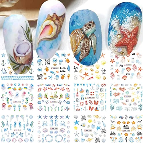 Summer Nail Art Sticker Ocean Water Ttransfer Nail Stcikers Deca Shells Starfish Seaweed Crabs Other Lovely Oceans Nail Design for Women Girls Nail Art Supplies Manicure Decor 12 Sheets (Ocean)