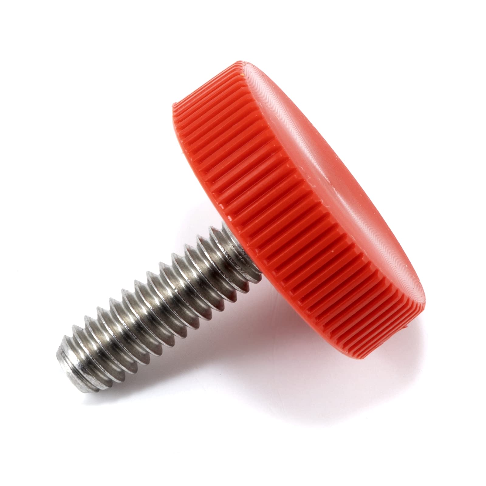 1/4"-20 x 3/4" Thumb Screw Stainless Steel - Red Knurled Round Plastic Oversized Knob - Standard/Coarse Thread Thumbscrew - Length: 0.750" - Proudly