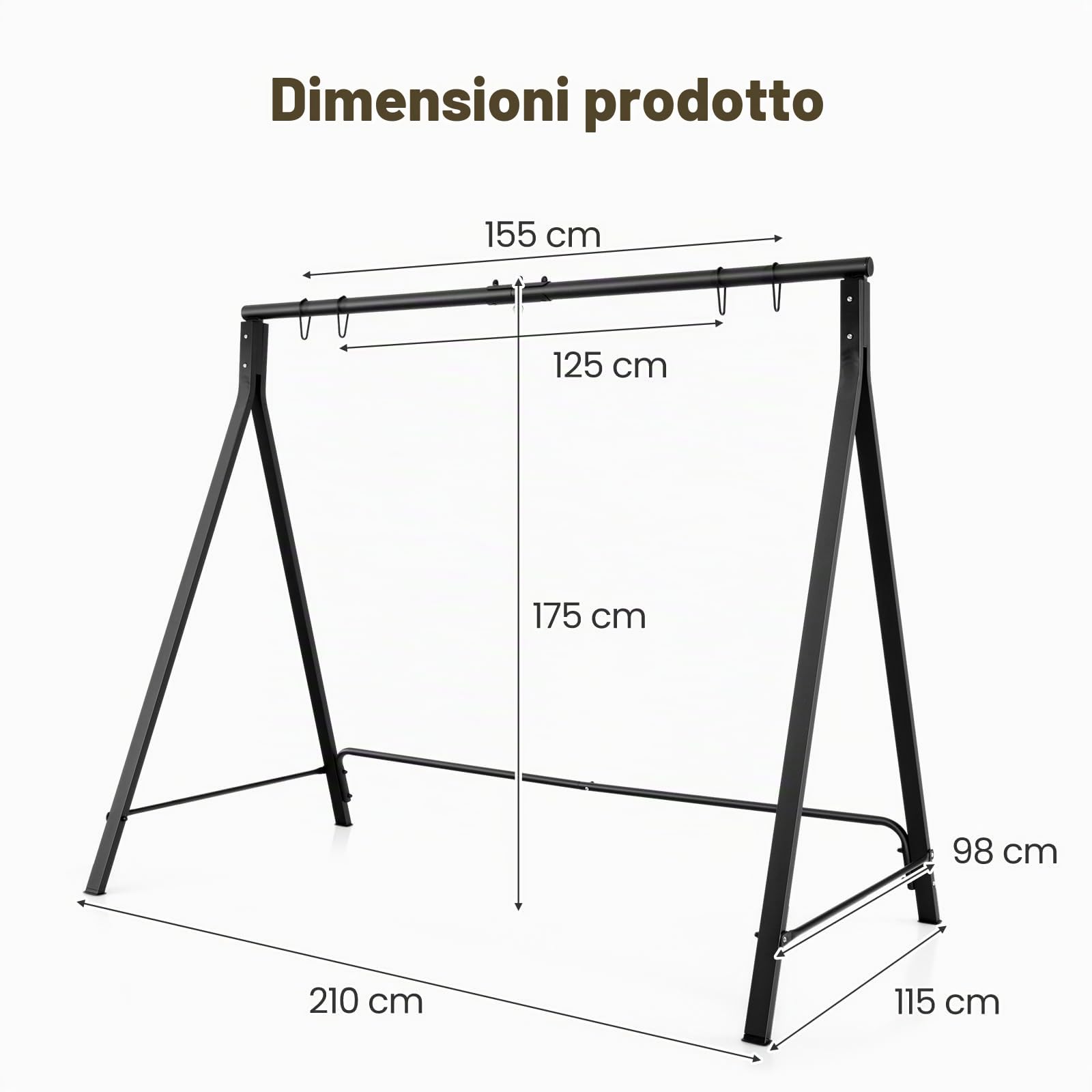 KOMFOTTEU Struttura per altalena, struttura per altalena Hollywood, altalena da giardino, telaio in metallo a forma di A, supporto per altalena con 5 anelli di sospensione, 210 x 115 x 175 cm