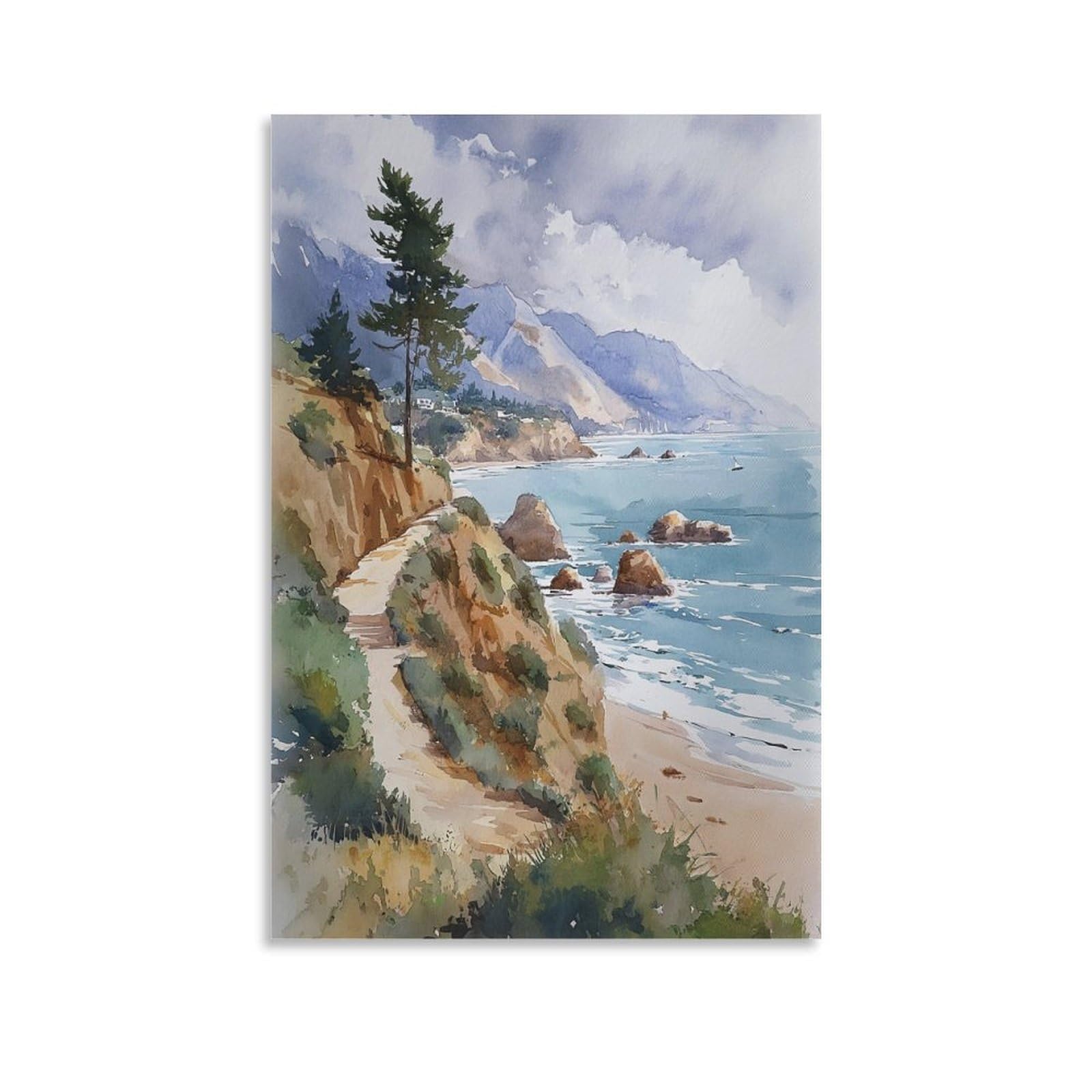 XWYMXZ Pebble Beach Coastal California 24x36inch(60x90cm) Vintage Travel Poster Watercolor Canvas Art