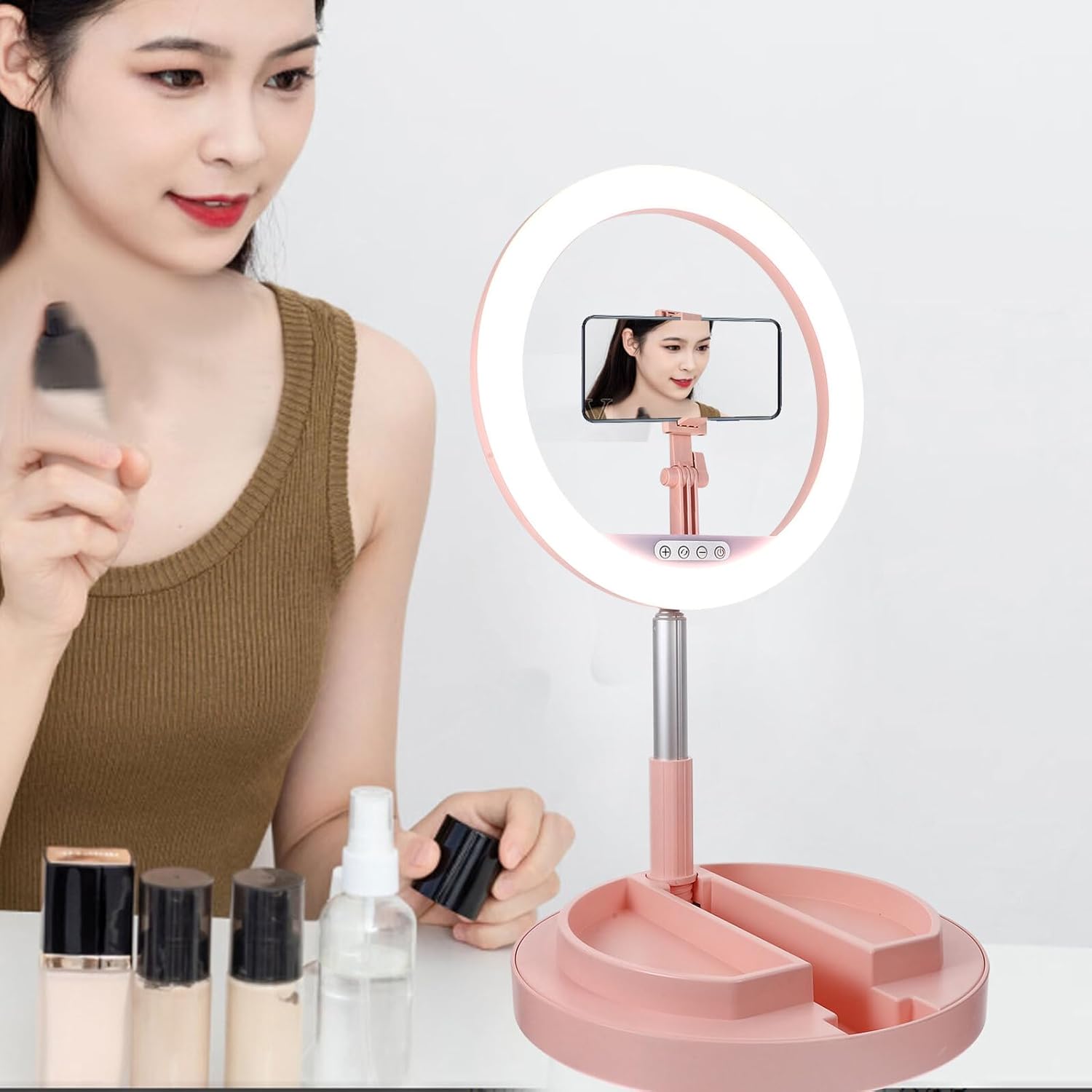 Foldable LED Ring Light with Mobile Phone Bracket Three-Color Dimmable Beauty Lamp Fill-in Light for Live Streaming and Photography