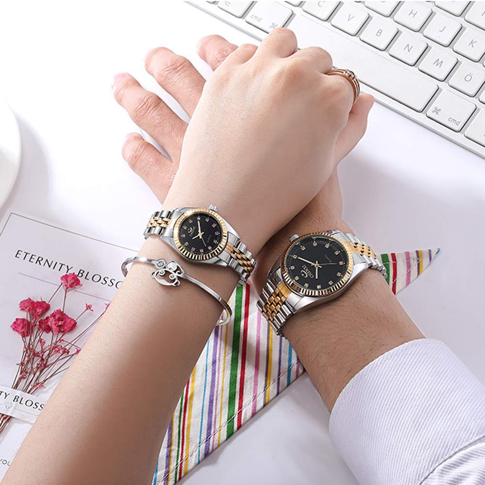 JewelryWe Coppia di orologi al quarzo analogici, con calendario impermeabile fino a 30 m, cinturino in acciaio inox, per uomo e donna, con quadrante con strass